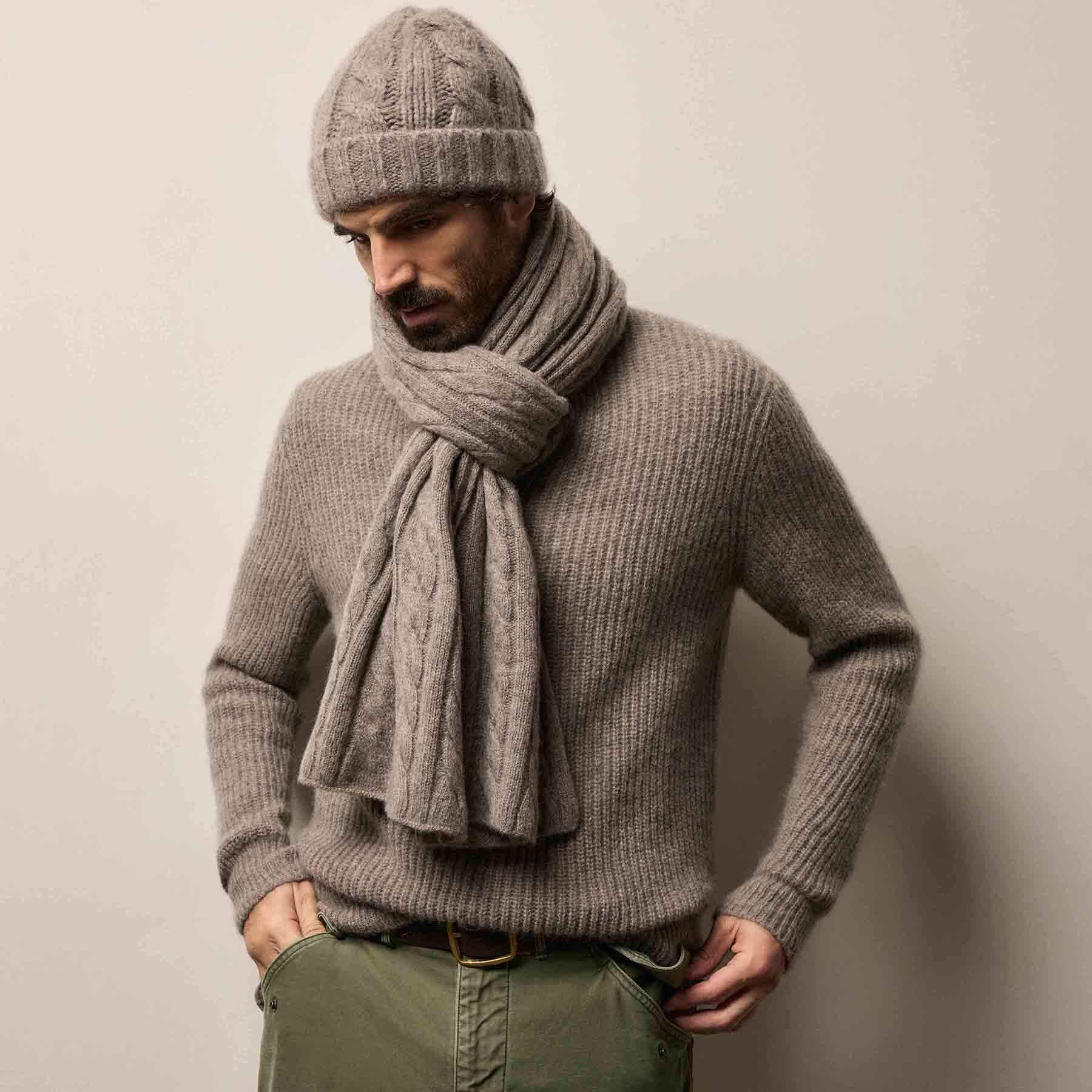 Lightweight Cashmere Cableknit Scarf - Beige Melange