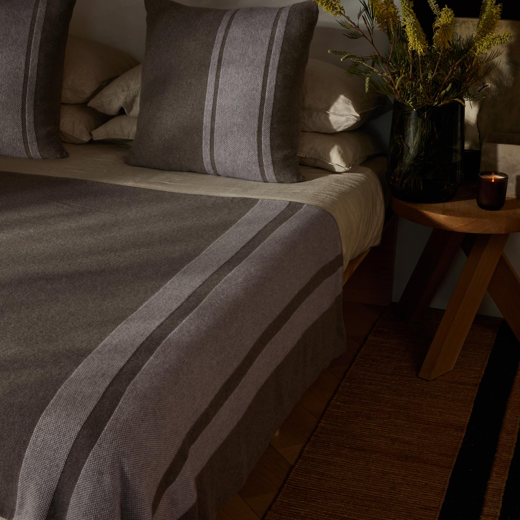 Baja Stripe Knit Blanket & Sham Gift Set - Taupe Melange/Ivory