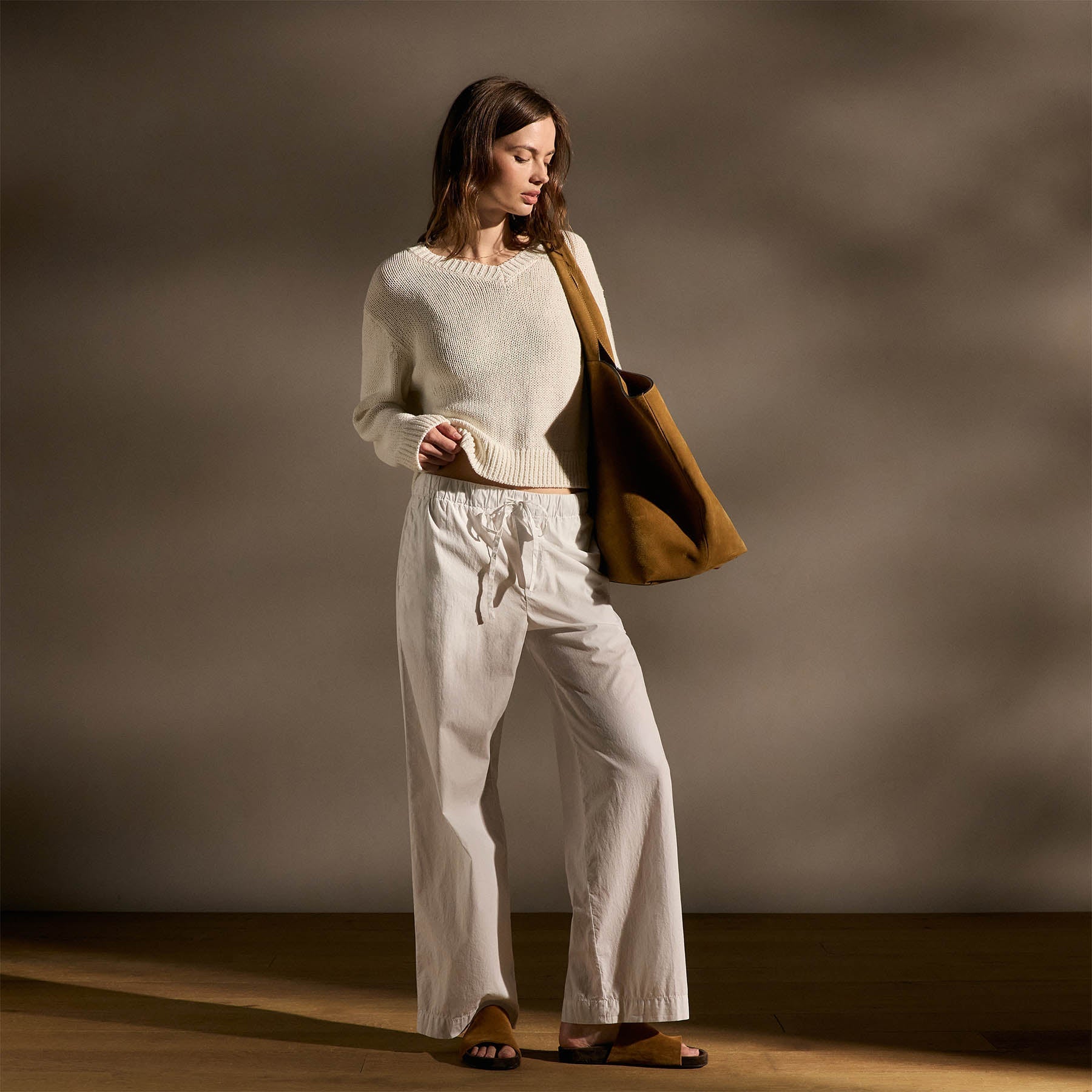 Cotton Linen V Neck Boxy Sweater - Off White