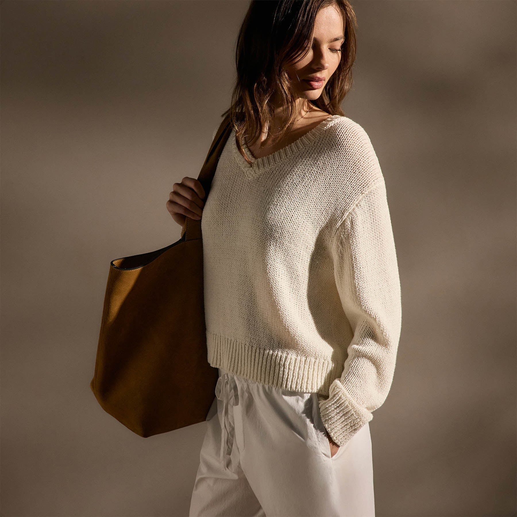 Cotton Linen V Neck Boxy Sweater - Off White