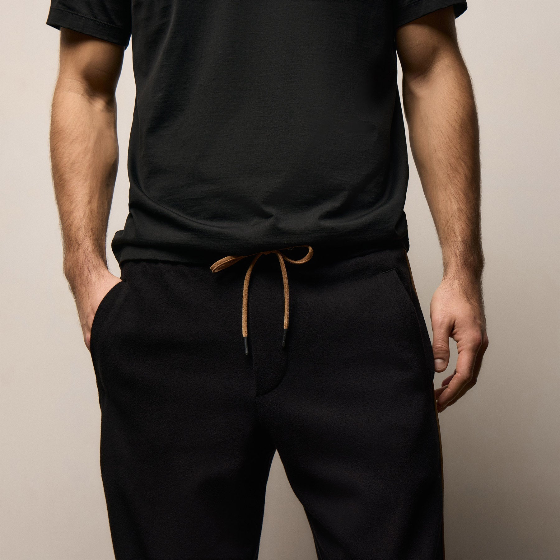 Brushed Cotton Suede Piped Track Pant - Black/Whiskey