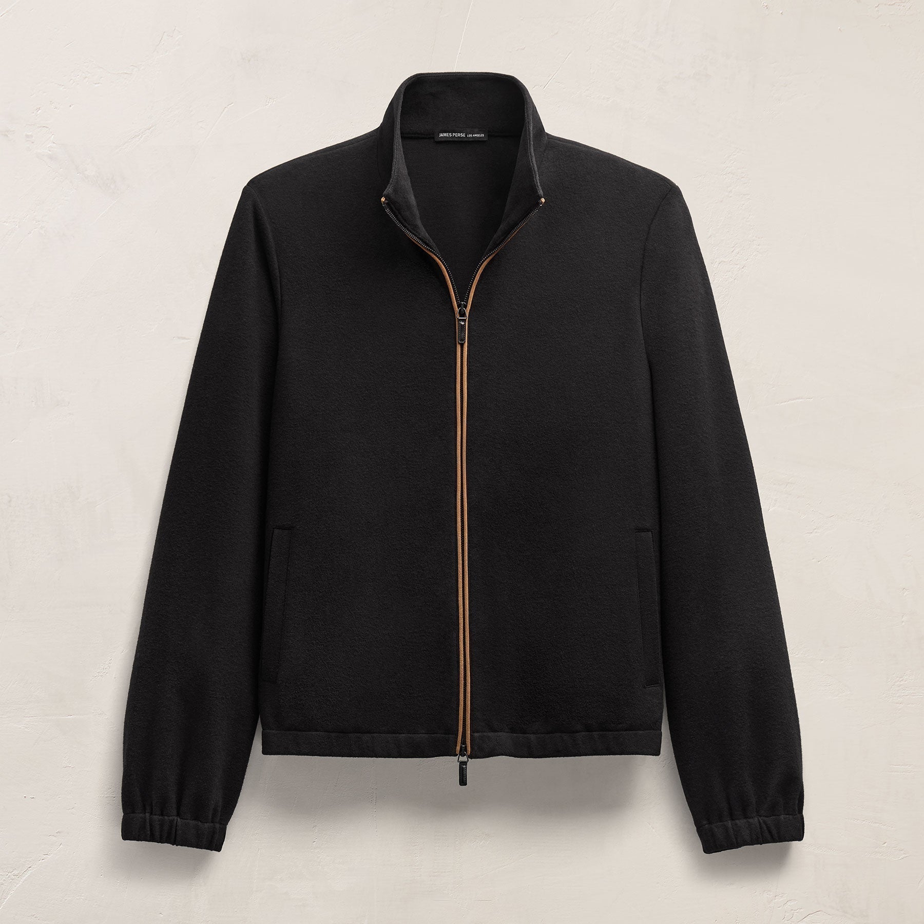 Brushed Cotton Suede Piped Track Jacket - Black/Whiskey
