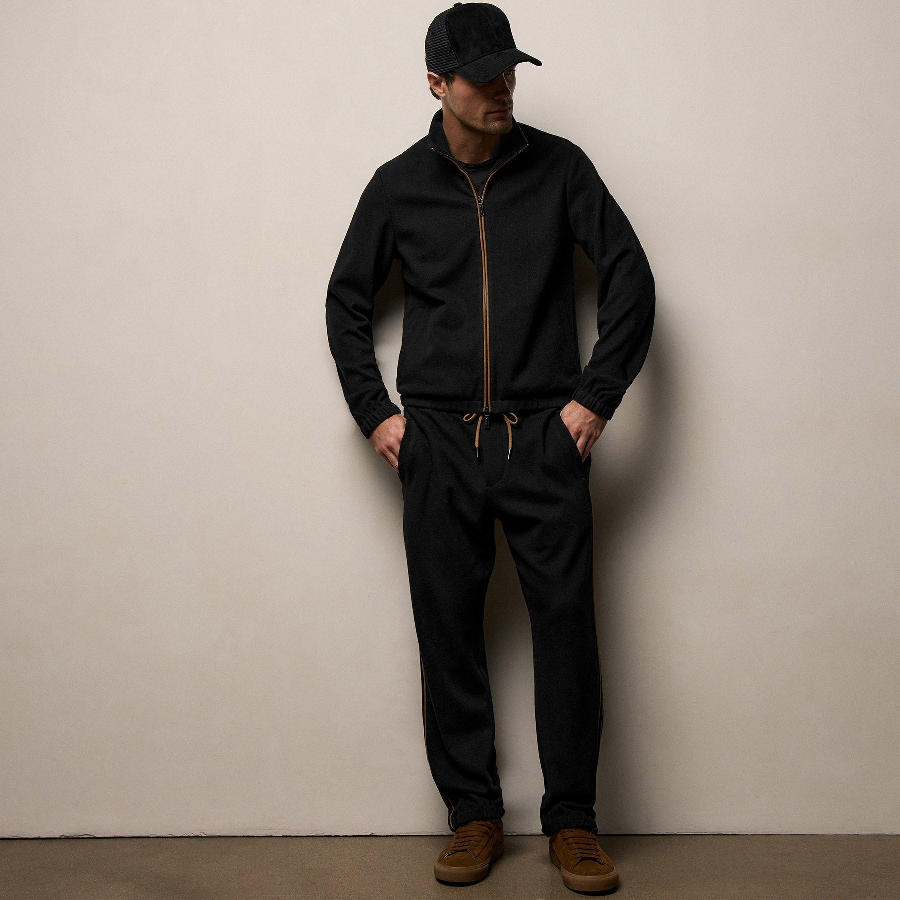 Brushed Cotton Suede Piped Track Jacket - Black/Whiskey