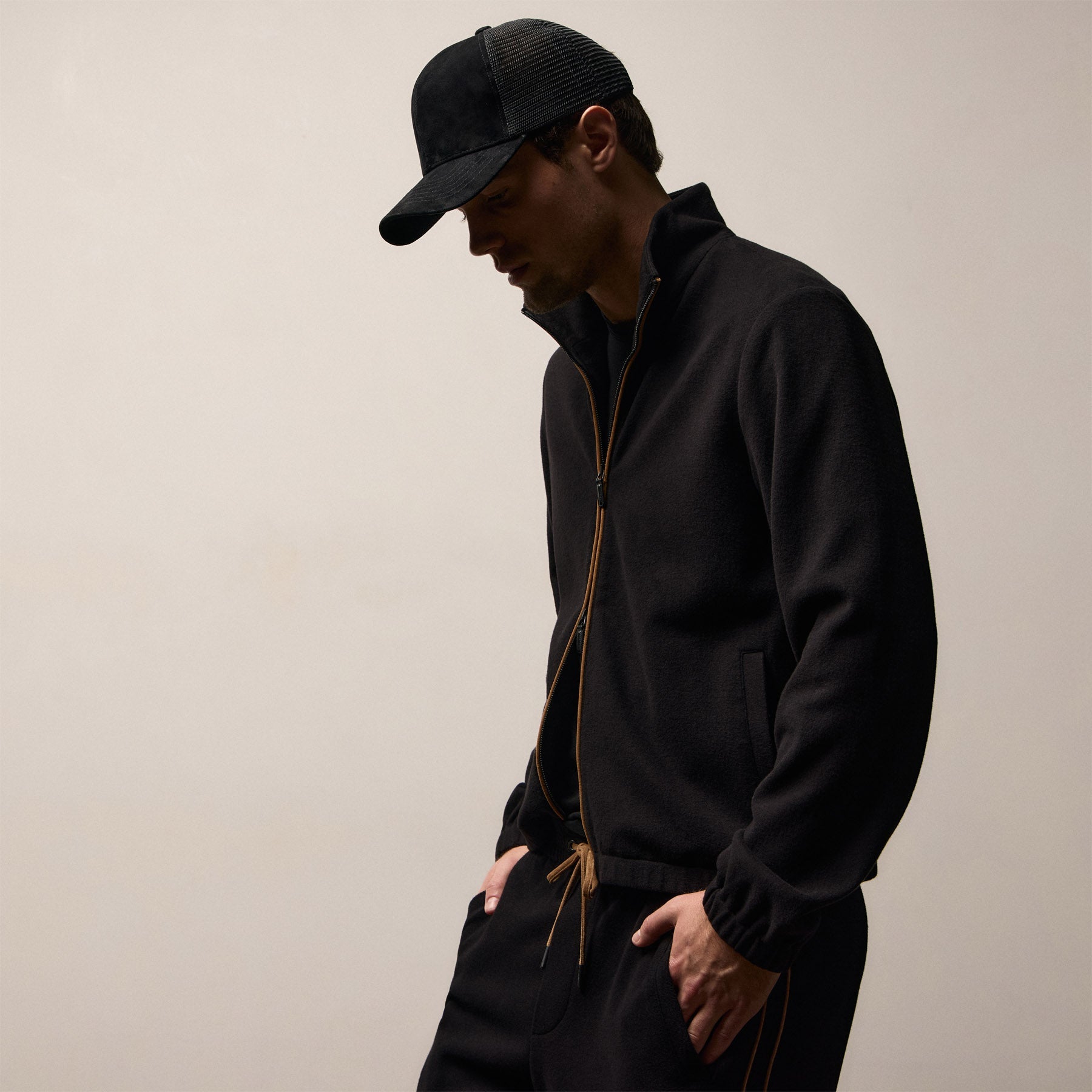Brushed Cotton Suede Piped Track Jacket - Black/Whiskey