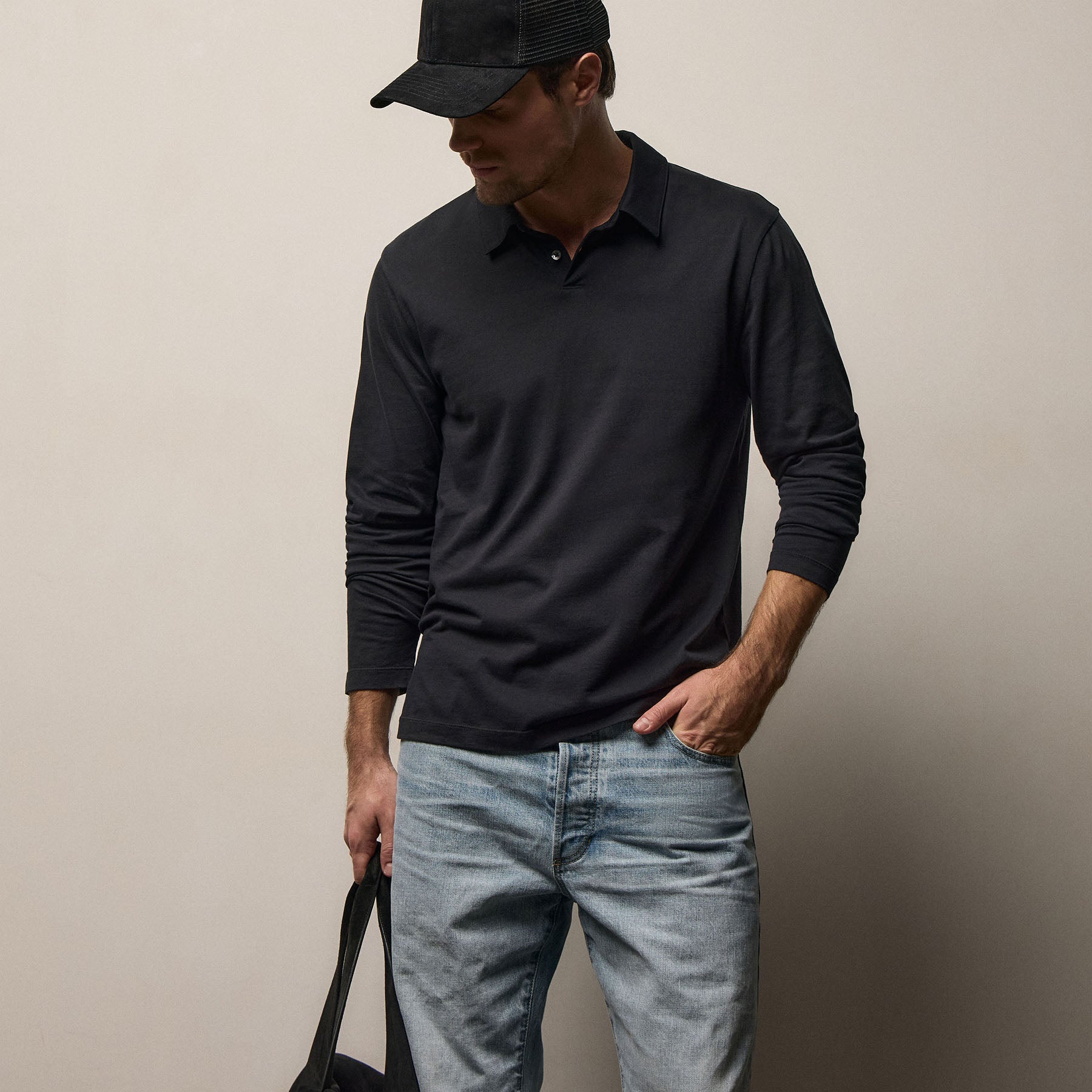 Brushed Lotus Long Sleeve Polo - Black