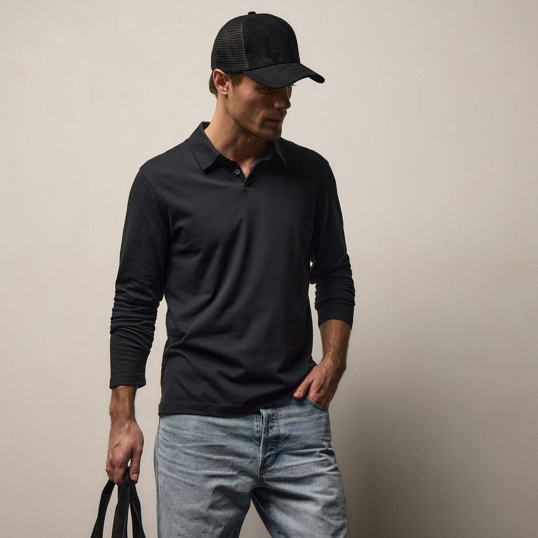 Brushed Lotus Long Sleeve Polo - Black