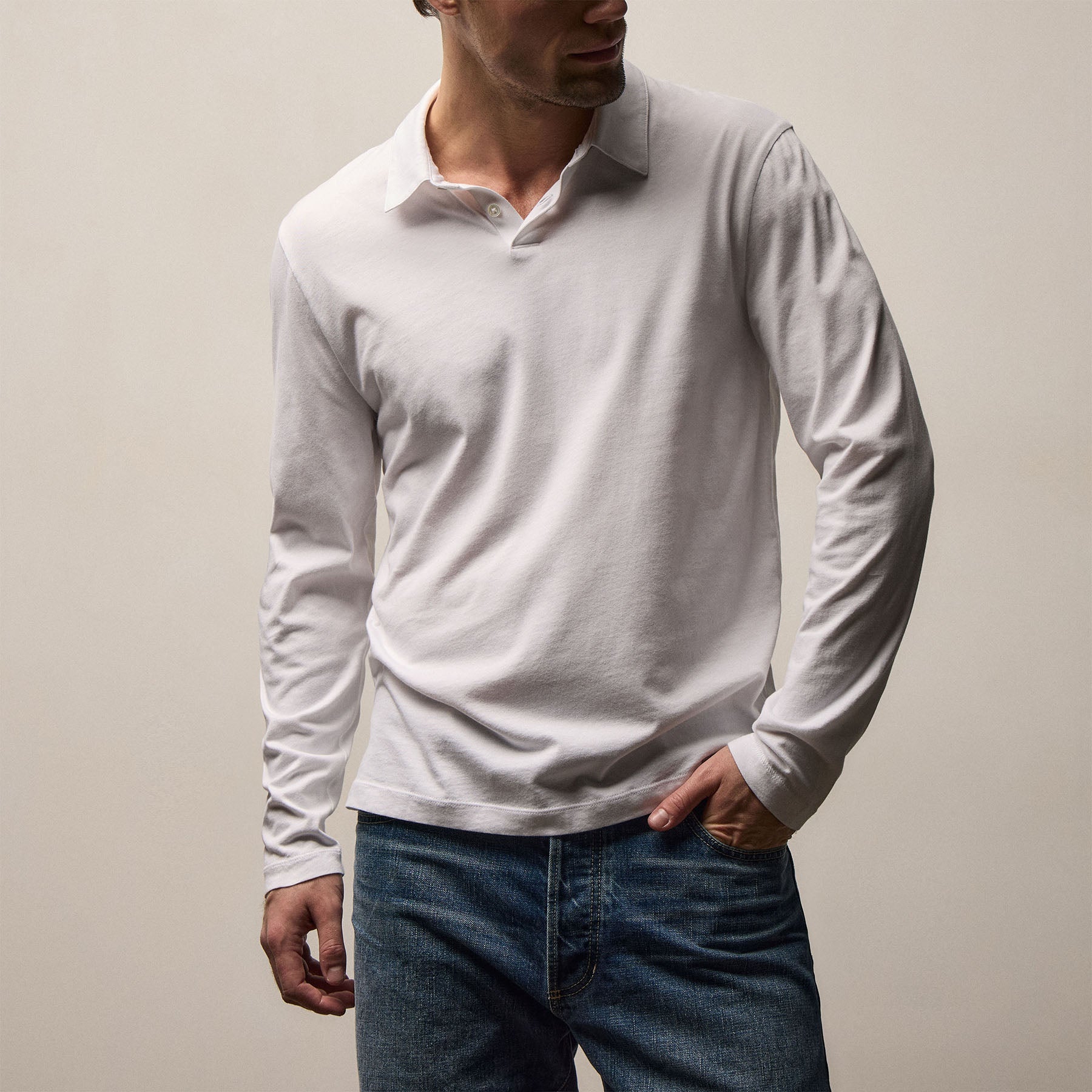 Brushed Lotus Long Sleeve Polo - White