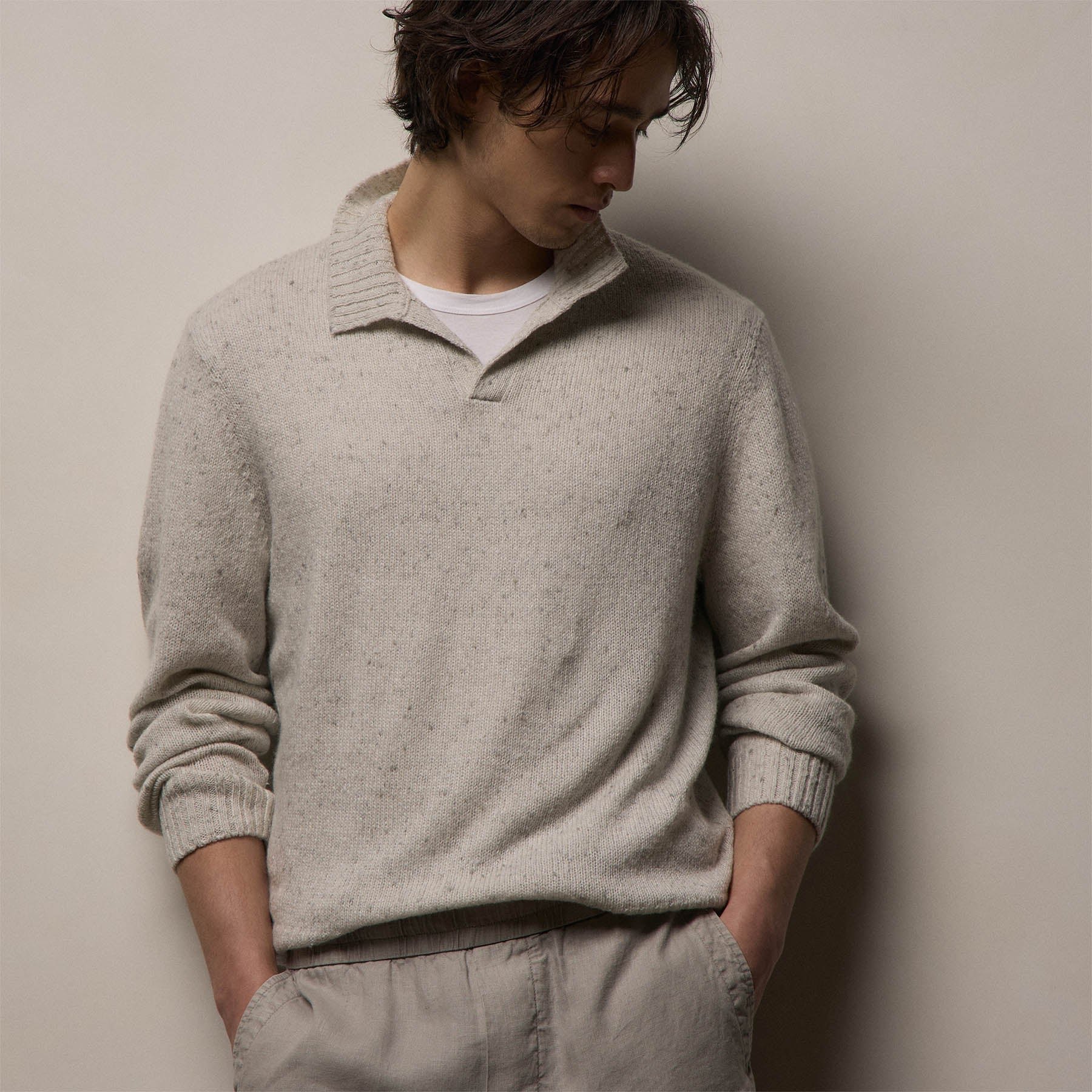 Marled Cashmere Linen Long Sleeve Open Polo - Pearl