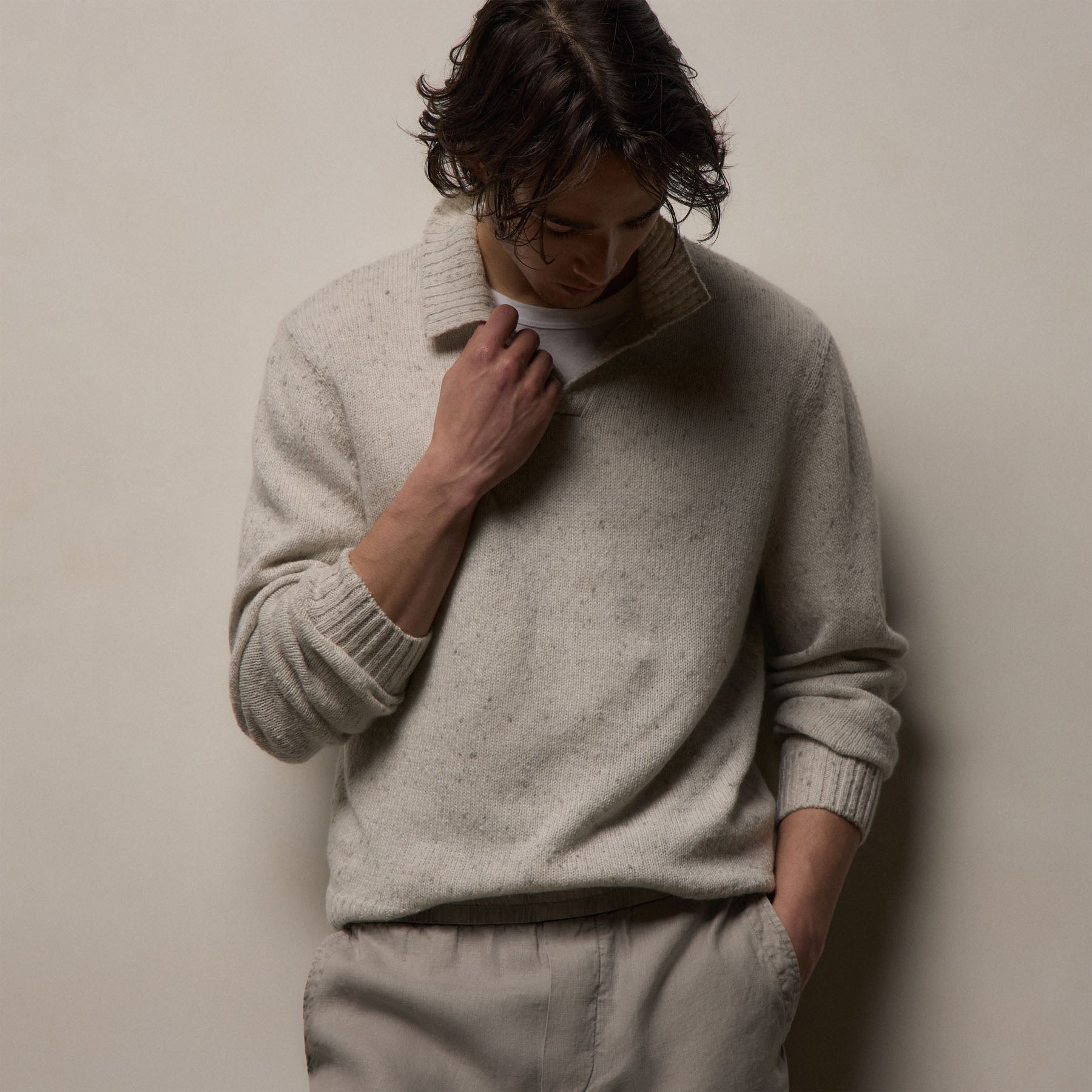 Marled Cashmere Linen Long Sleeve Open Polo - Pearl
