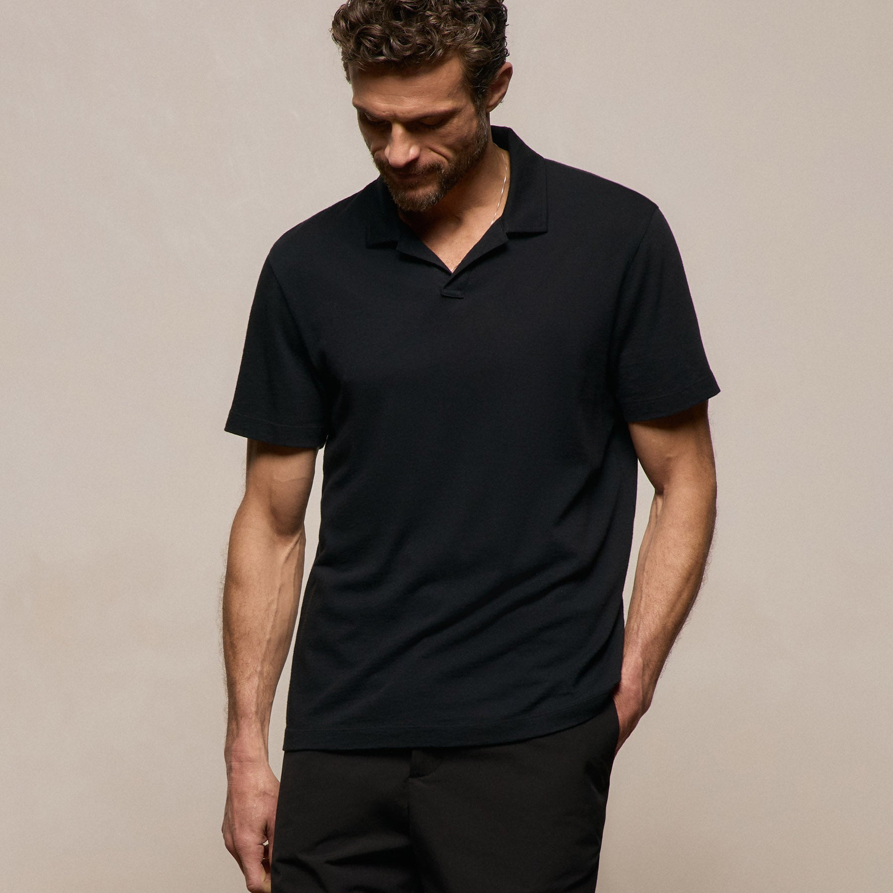 Cotton Cashmere Open Polo - Black