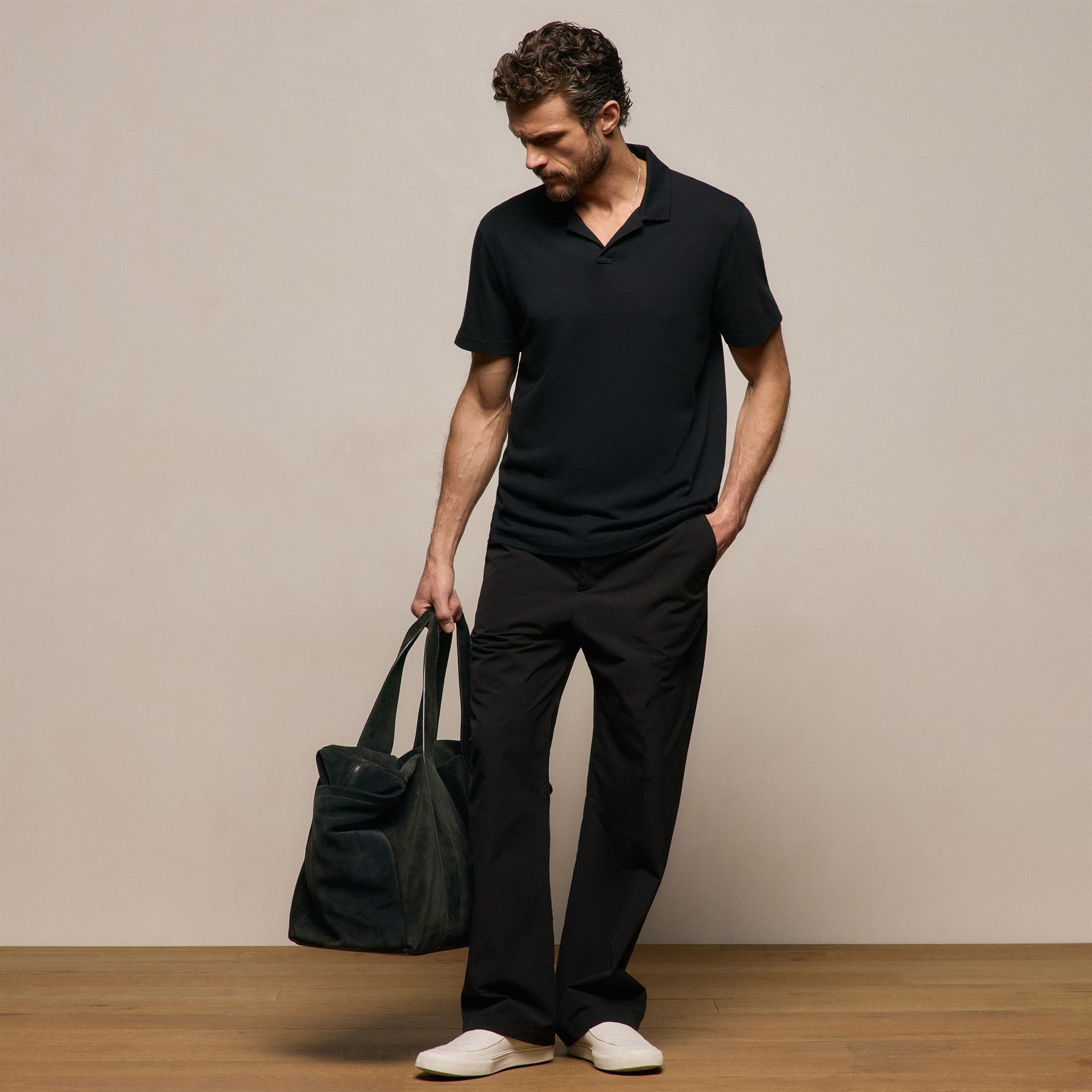 Cotton Cashmere Open Polo - Black