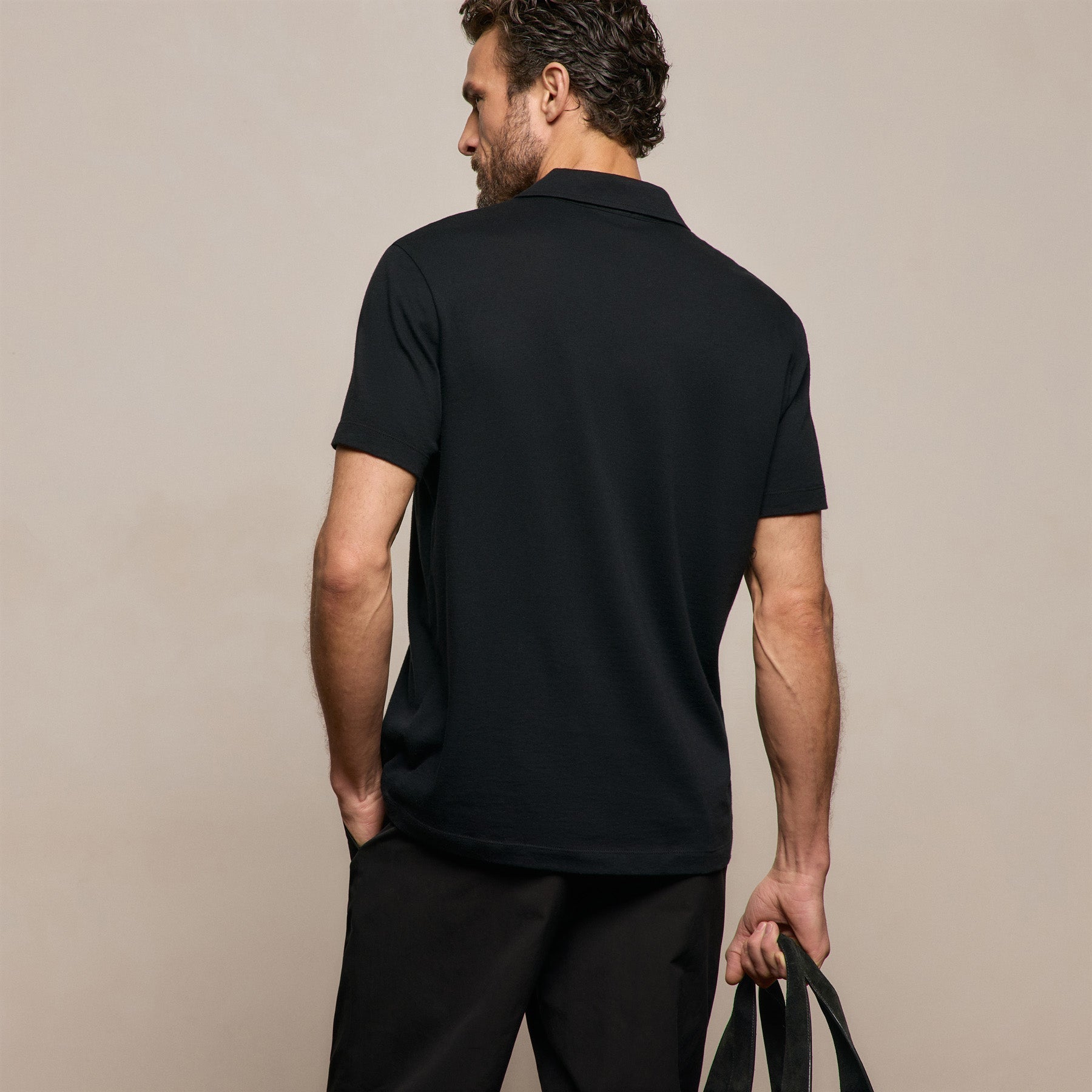 Cotton Cashmere Open Polo - Black
