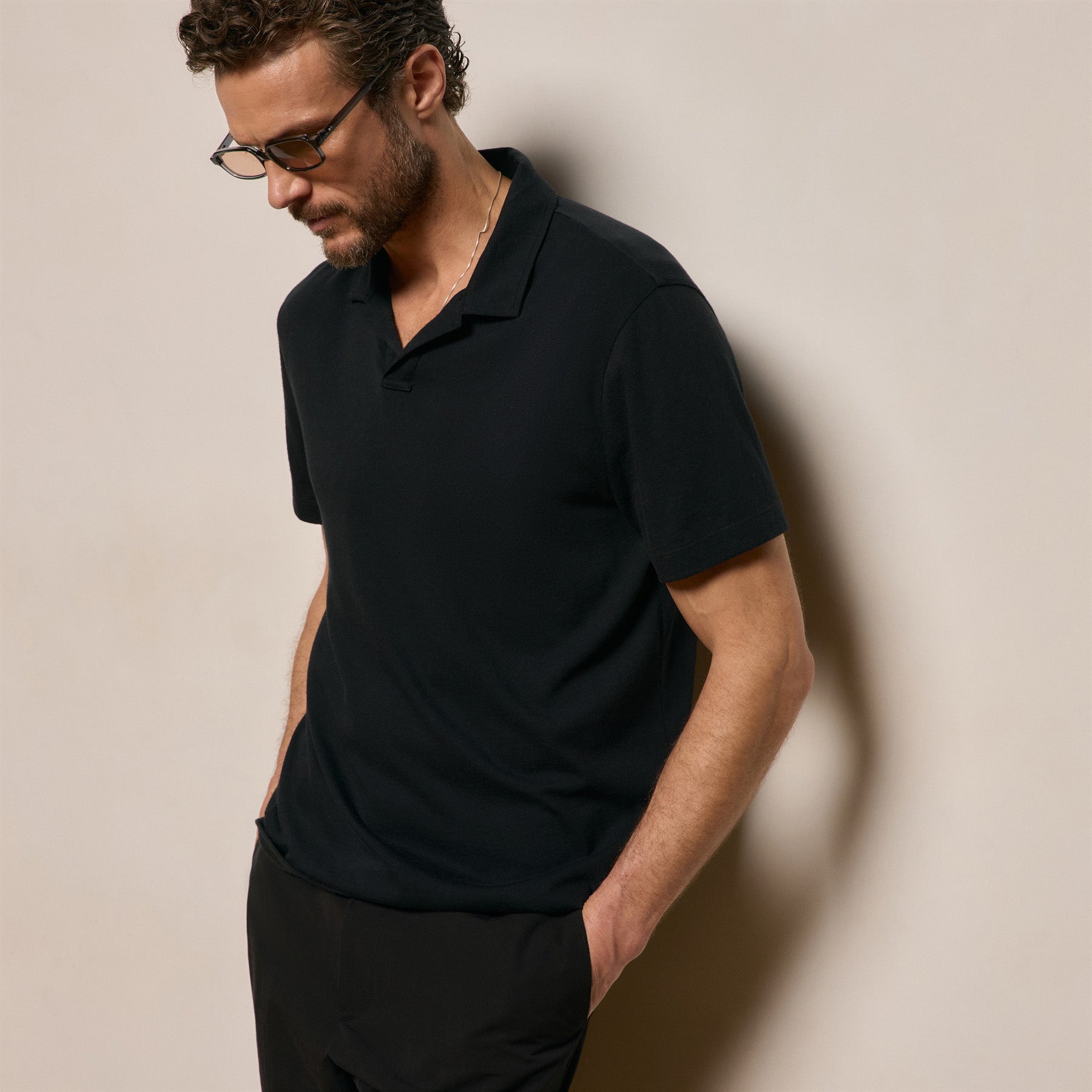 Cotton Cashmere Open Polo - Black