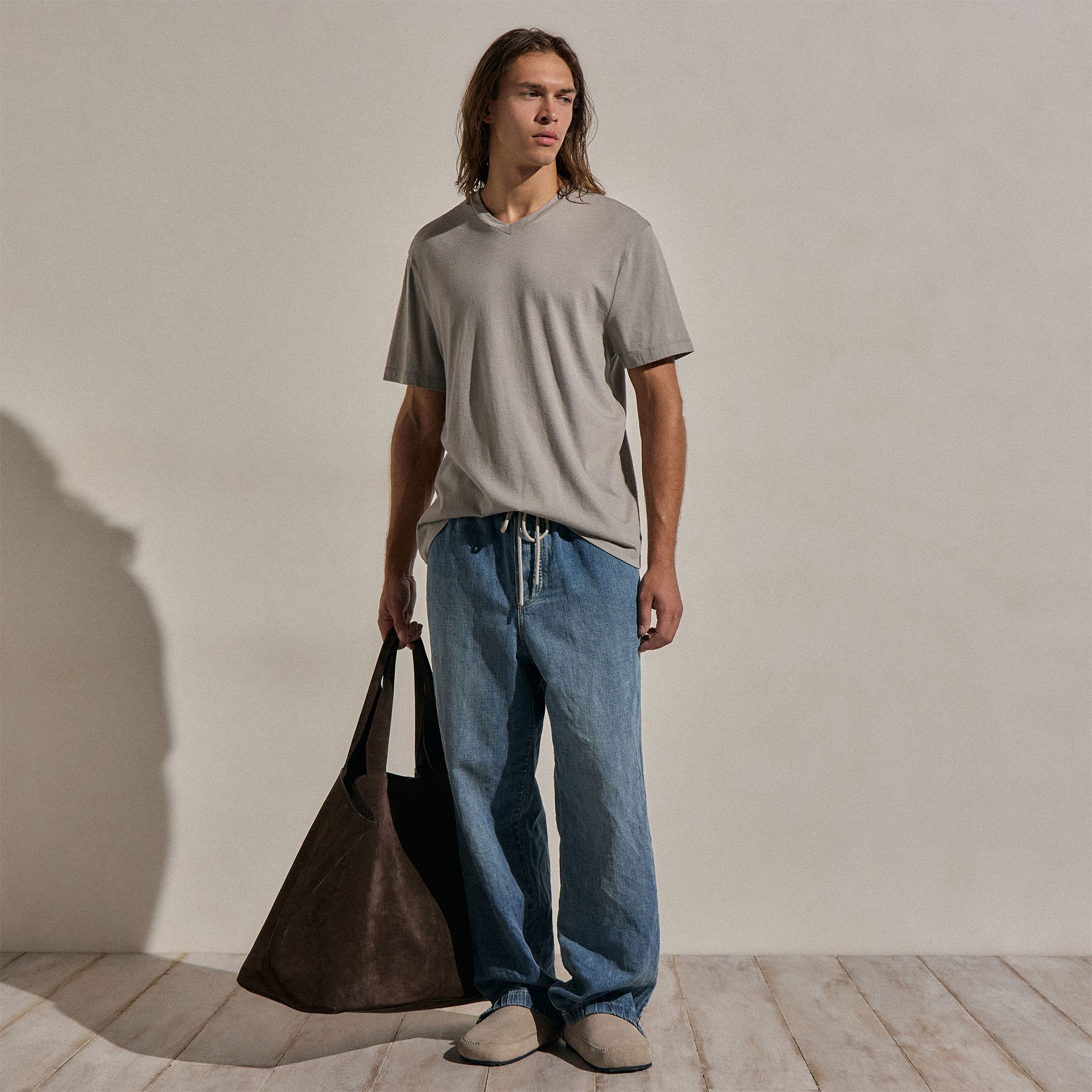 Cotton Cashmere Short Sleeve V Neck - Fog