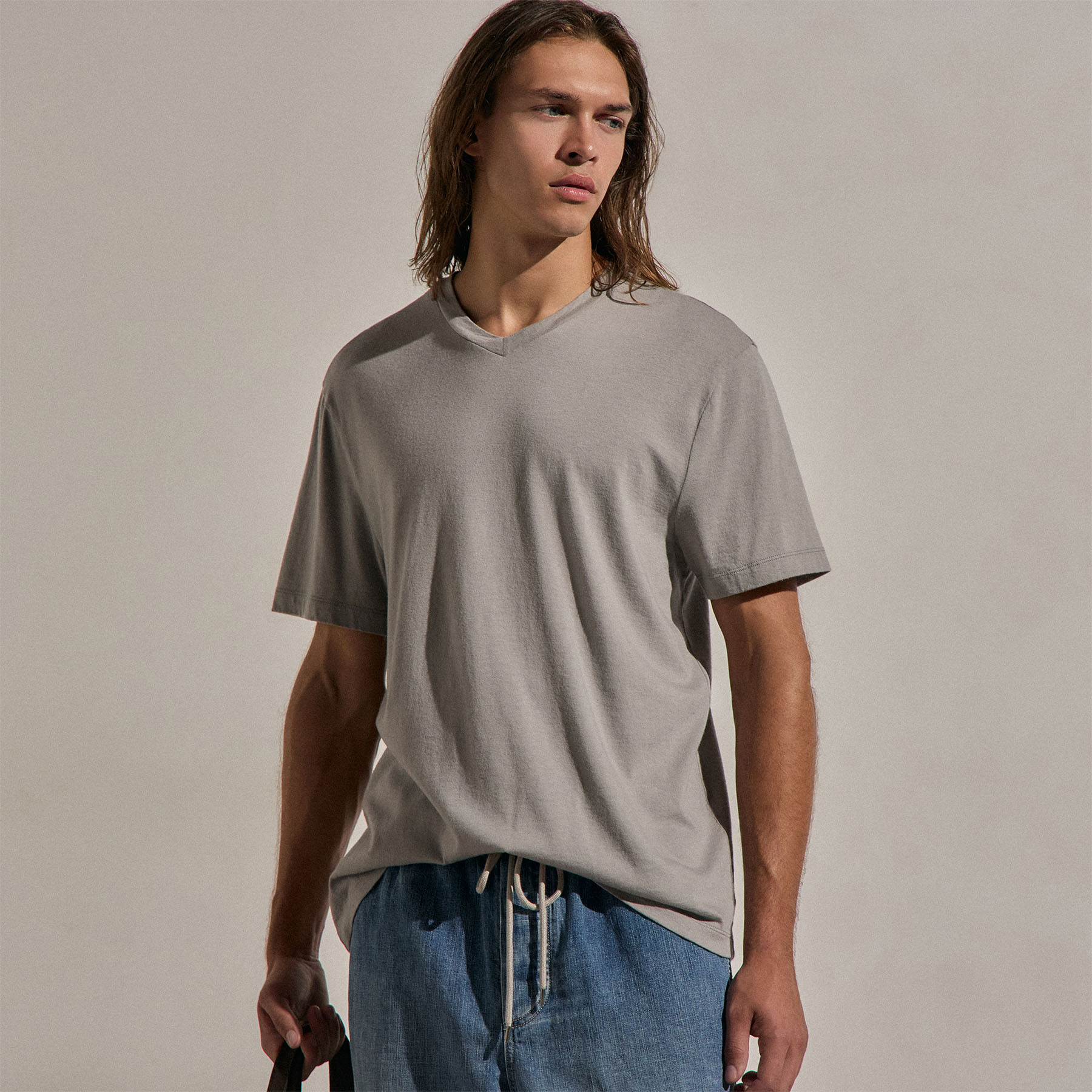 Cotton Cashmere Short Sleeve V Neck - Fog
