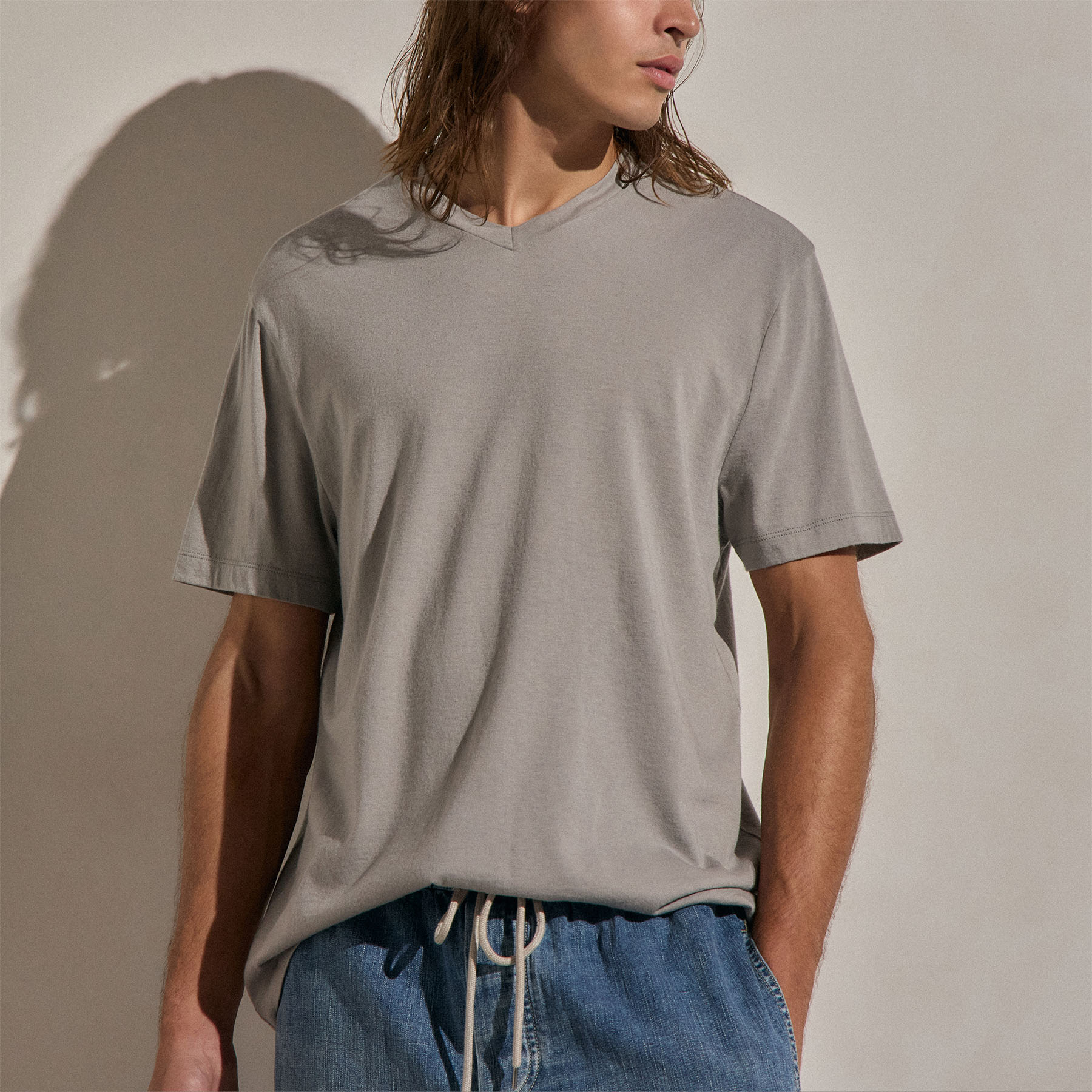 Cotton Cashmere Short Sleeve V Neck - Fog