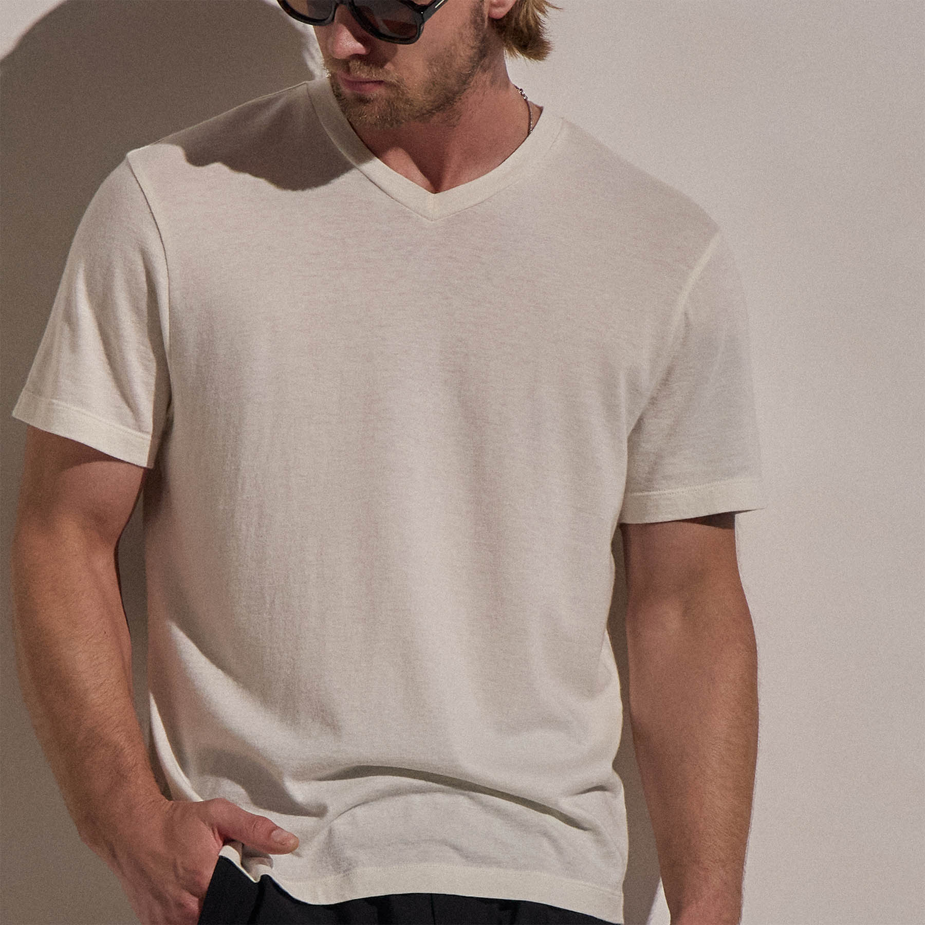 Cotton Cashmere Short Sleeve V Neck - White