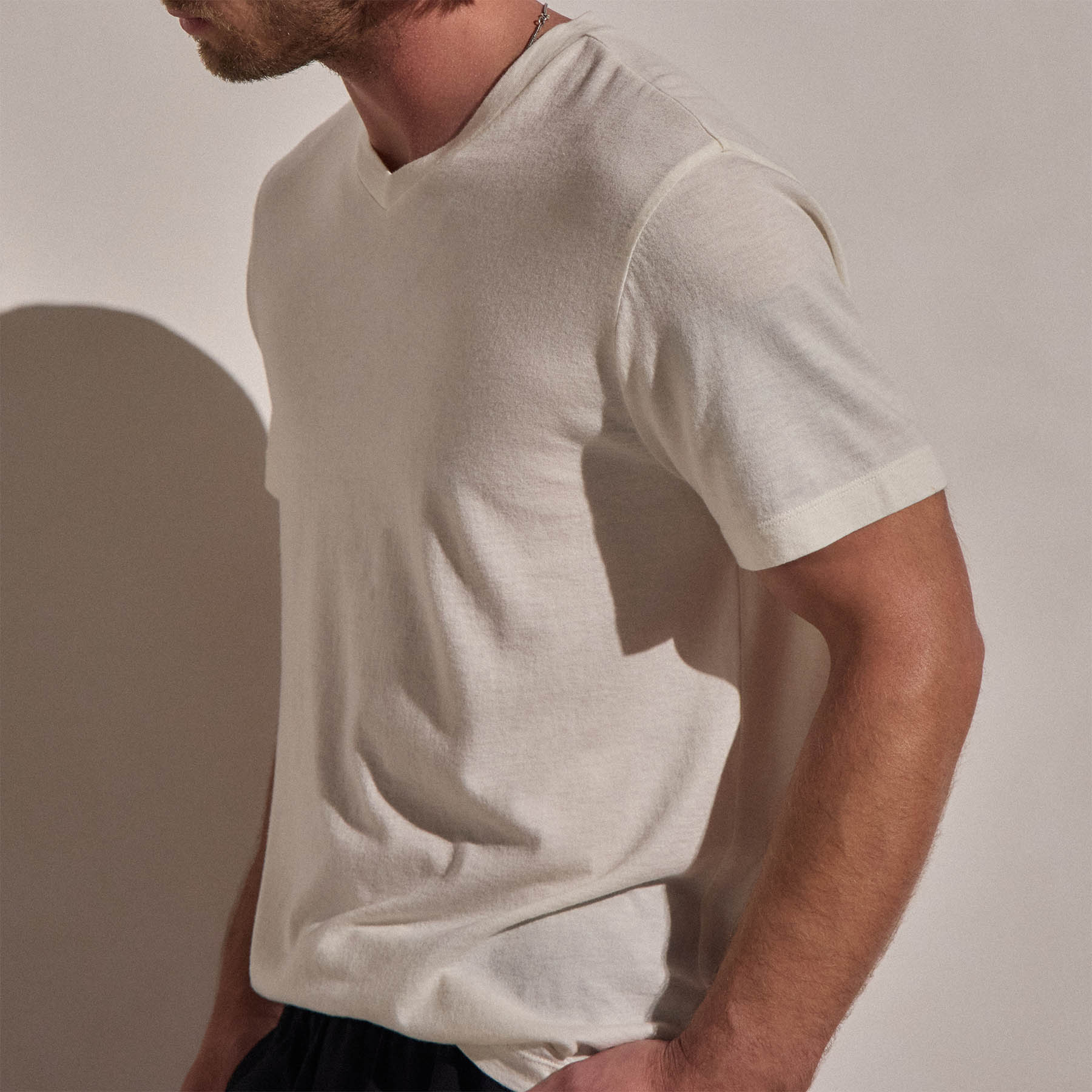 Cotton Cashmere Short Sleeve V Neck - White