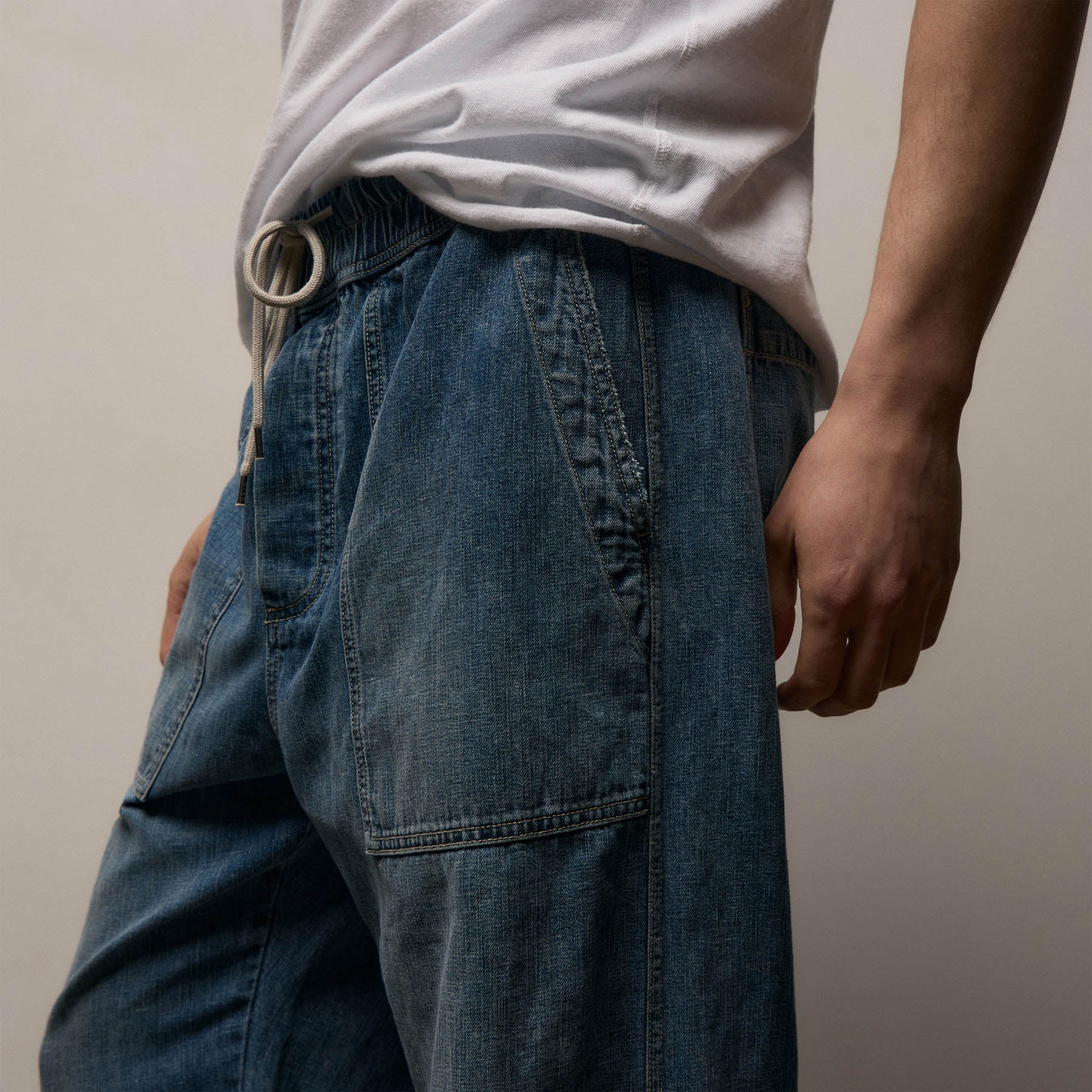 Linen Denim Drawstring Pant - Blue Wash
