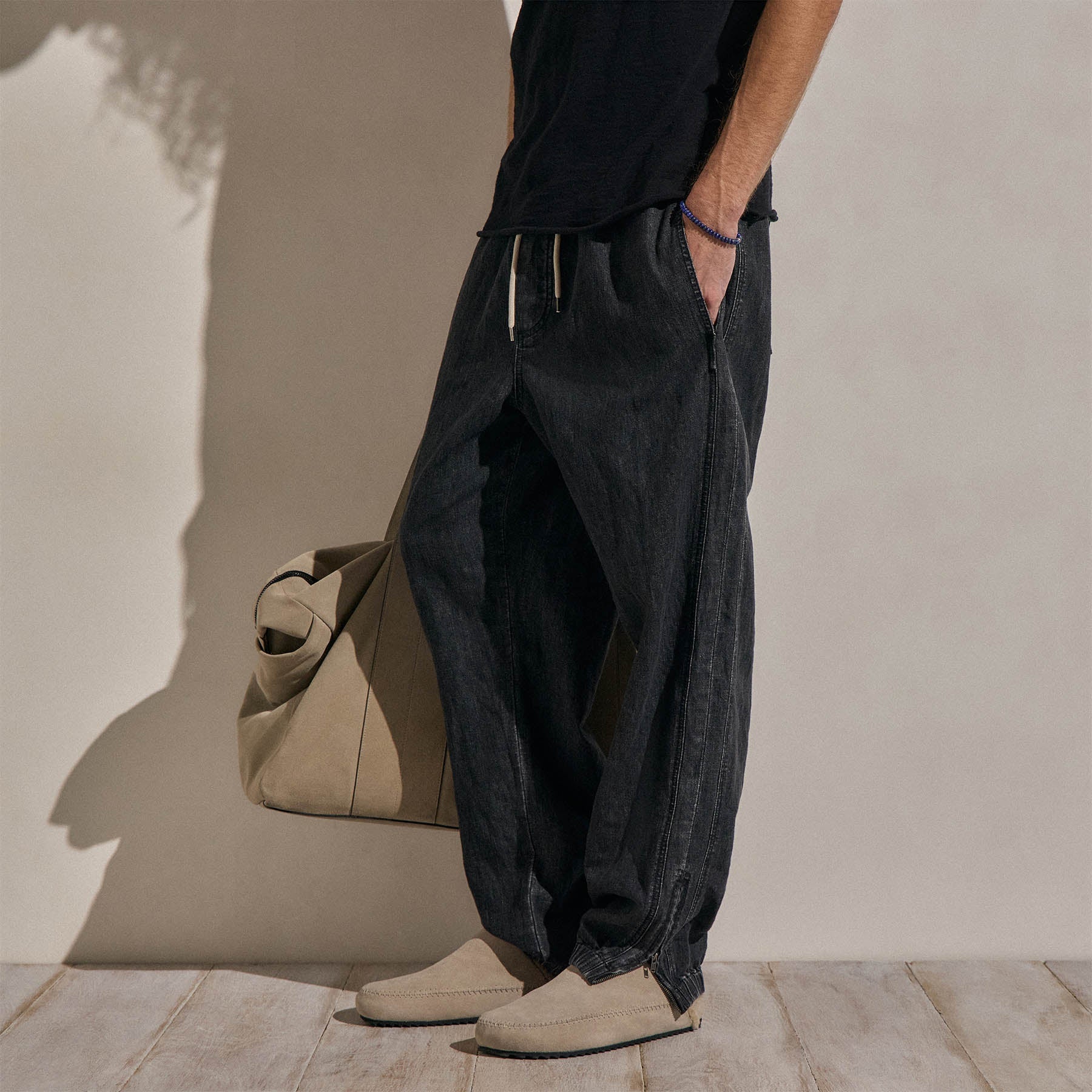 Linen Denim Drawstring Jogger - Black Wash