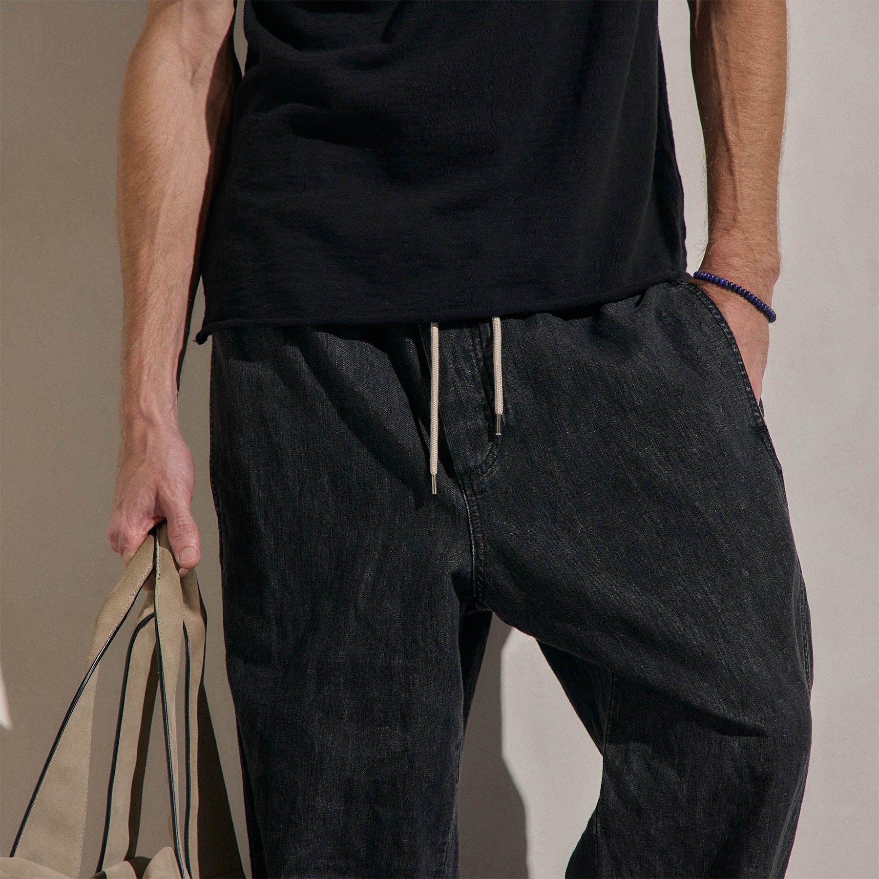 Linen Denim Drawstring Jogger - Black Wash