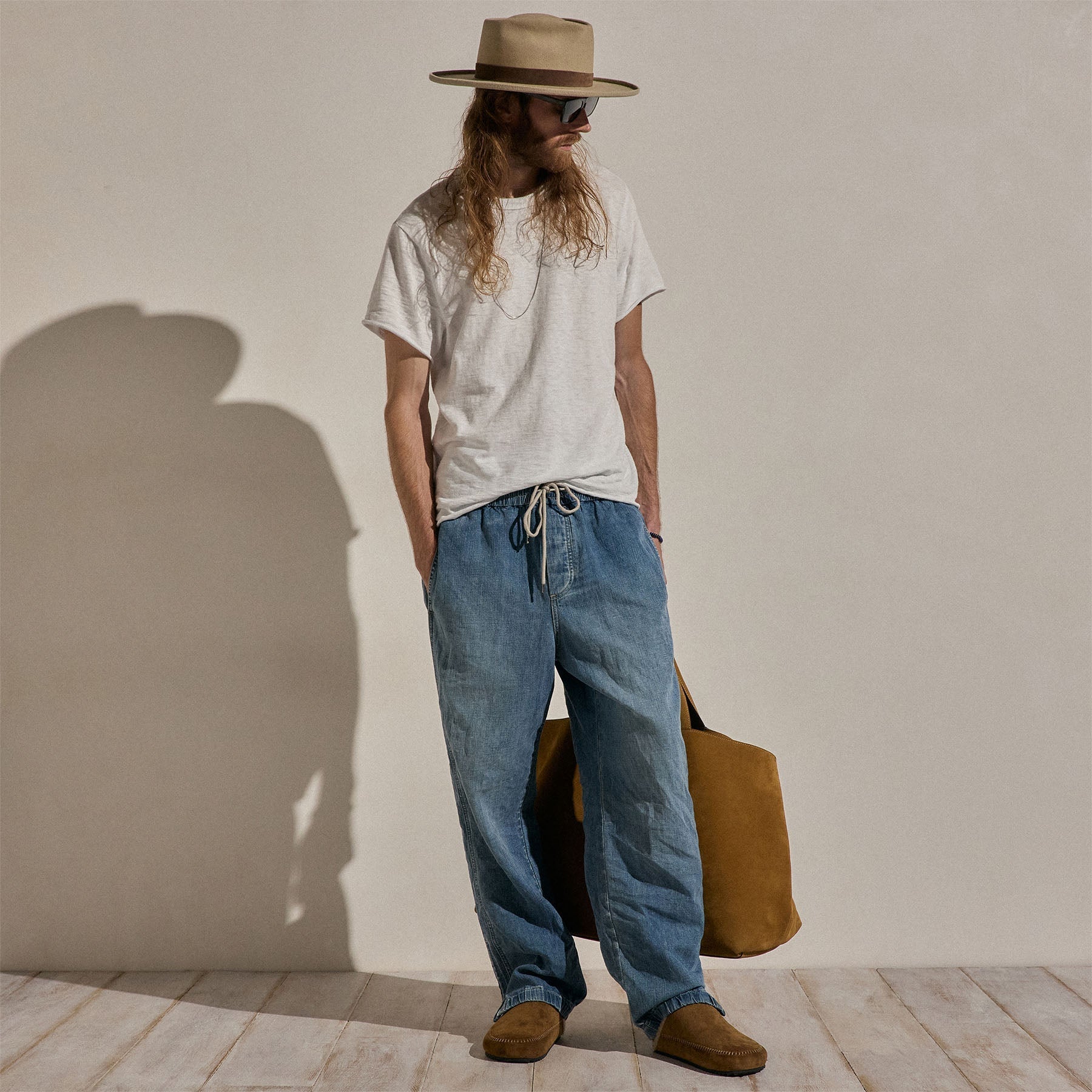 Linen Denim Drawstring Jogger - Medium Wash