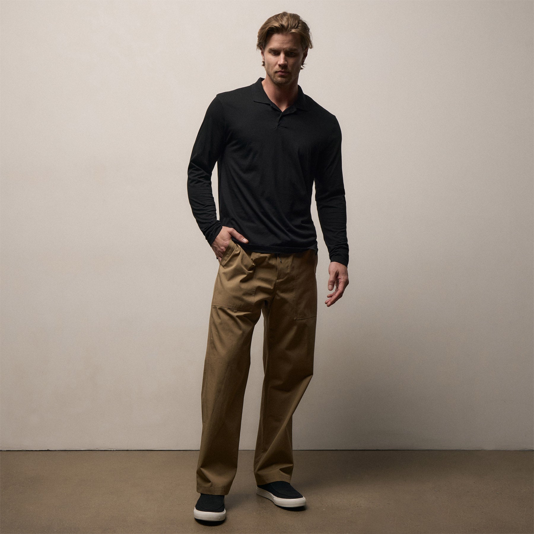 Luxe Lotus Jersey Long Sleeve Polo - Black