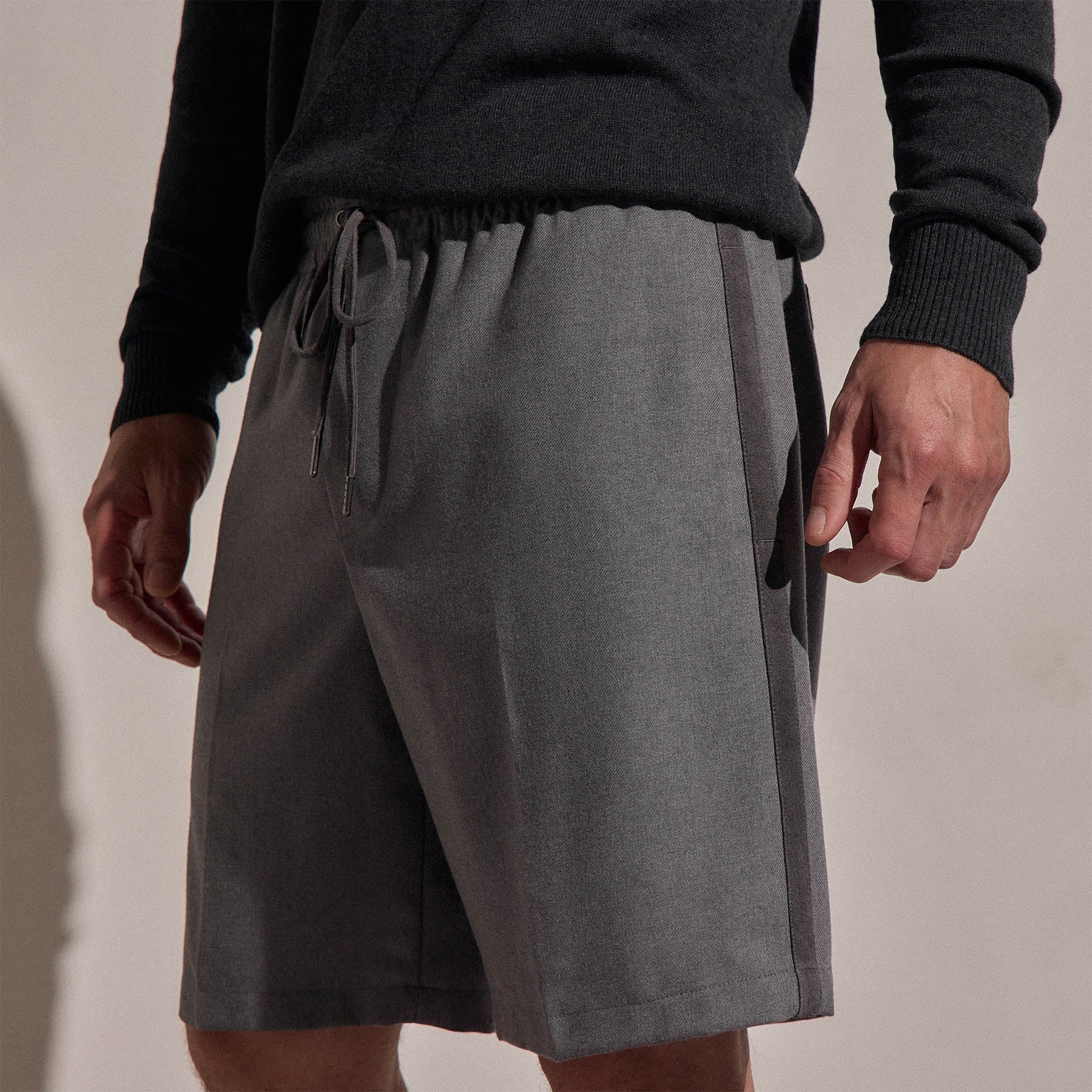 Suede Trim Wool Drawstring Short - Heather Grey