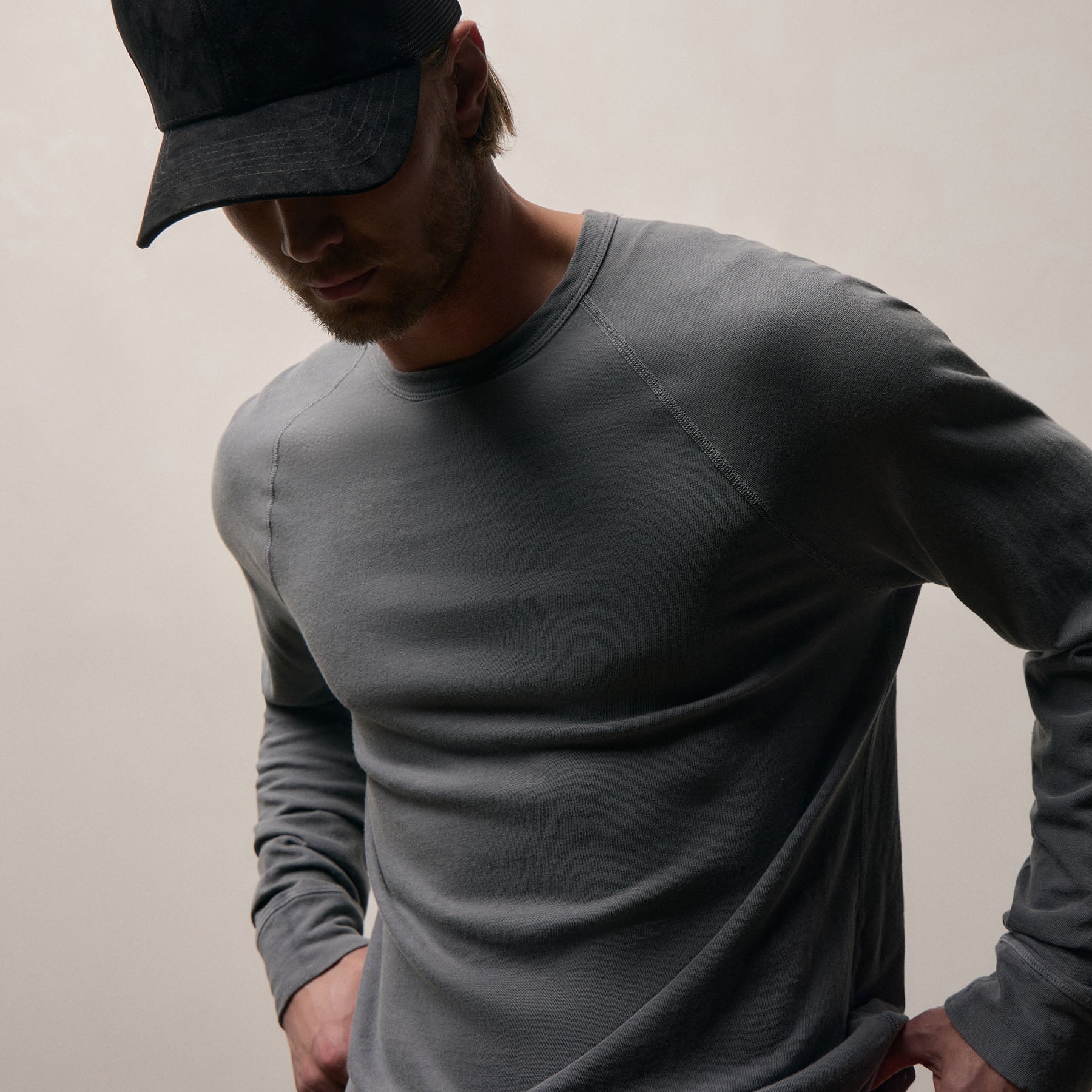 Slub Jersey Long Sleeve Raglan Crew - Cavalry Pigment