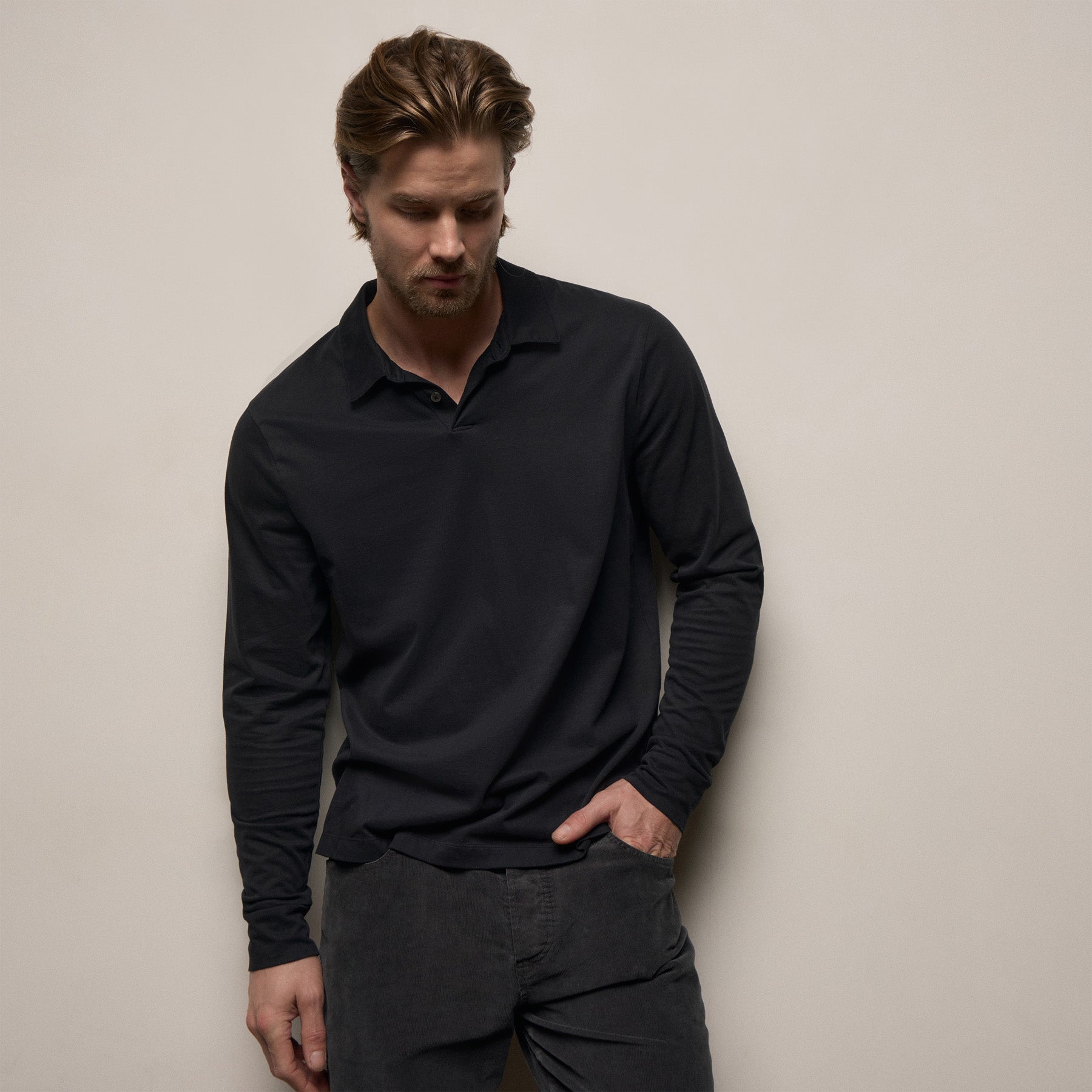 Heavy Luxe Jersey Long Sleeve Polo - Black