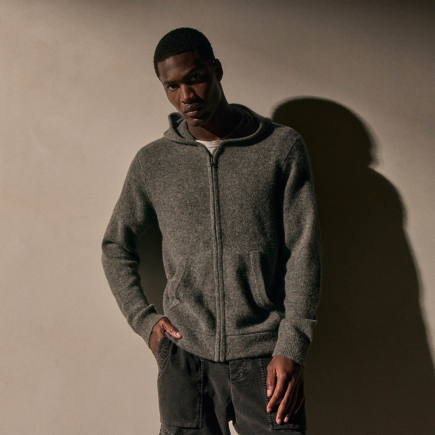 Lightweight Textured Cashmere Knit Zip Up Hoodie - Thunder