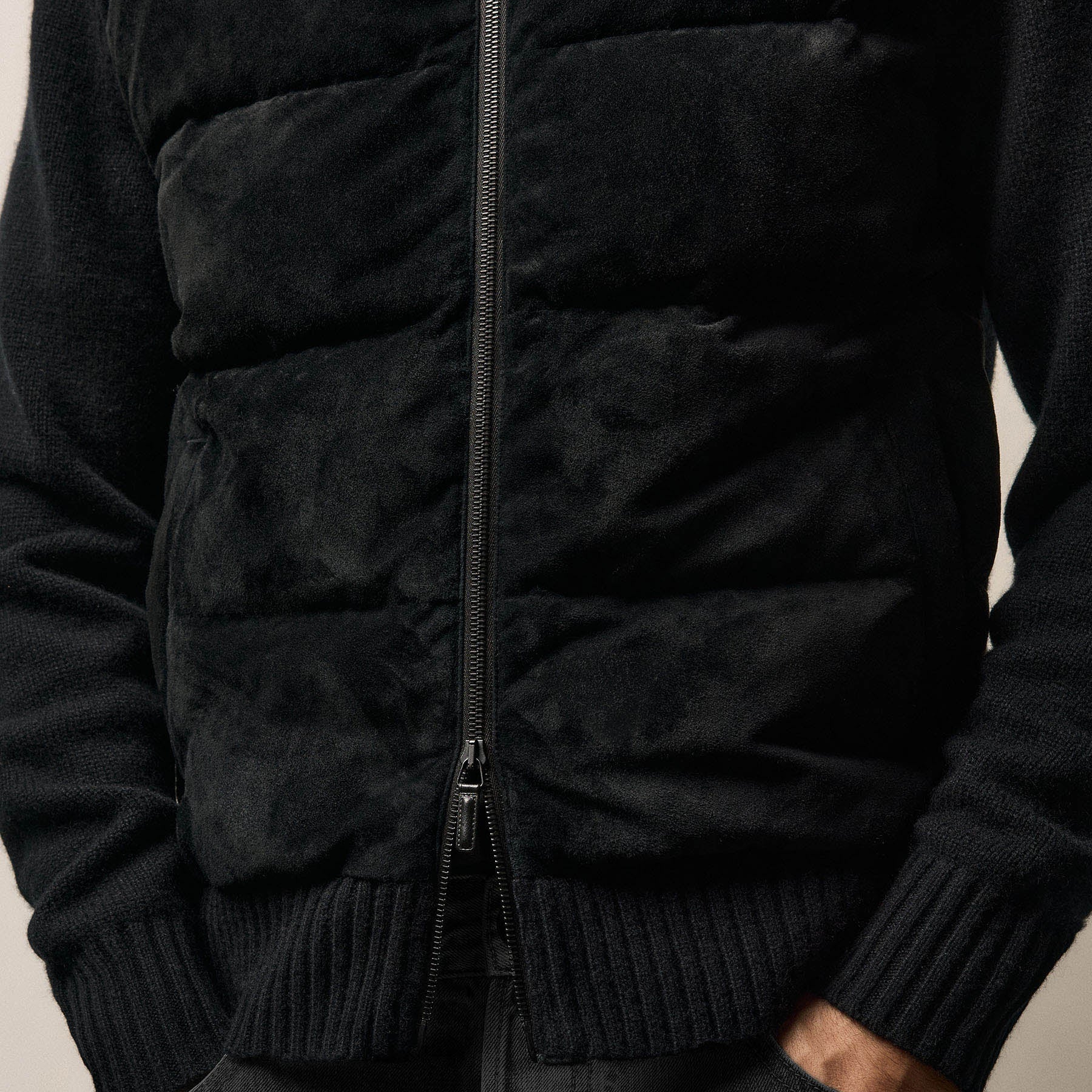 Suede Front Zip Up Sweater - Black