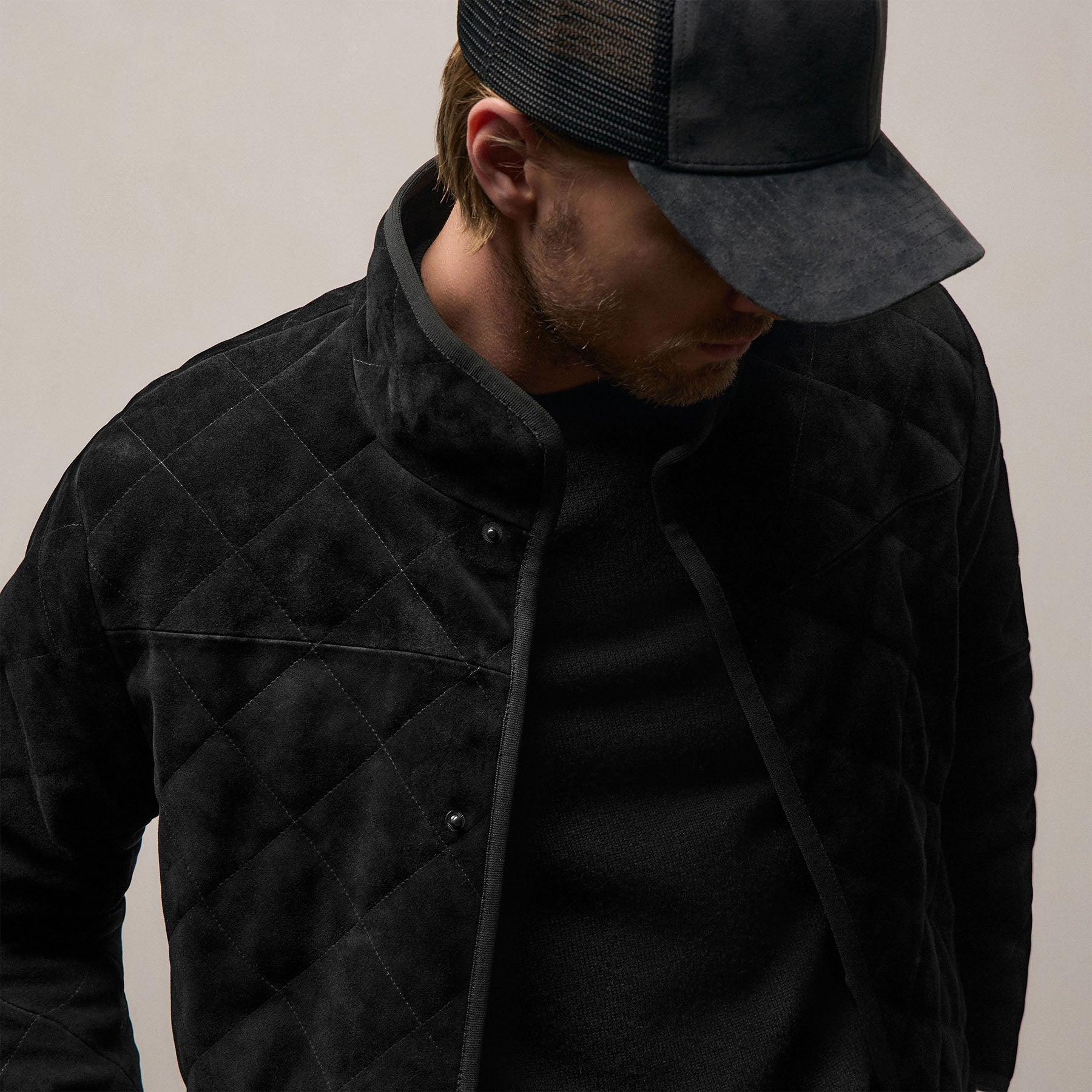 Quilted Suede Snap Front Jacket - Black