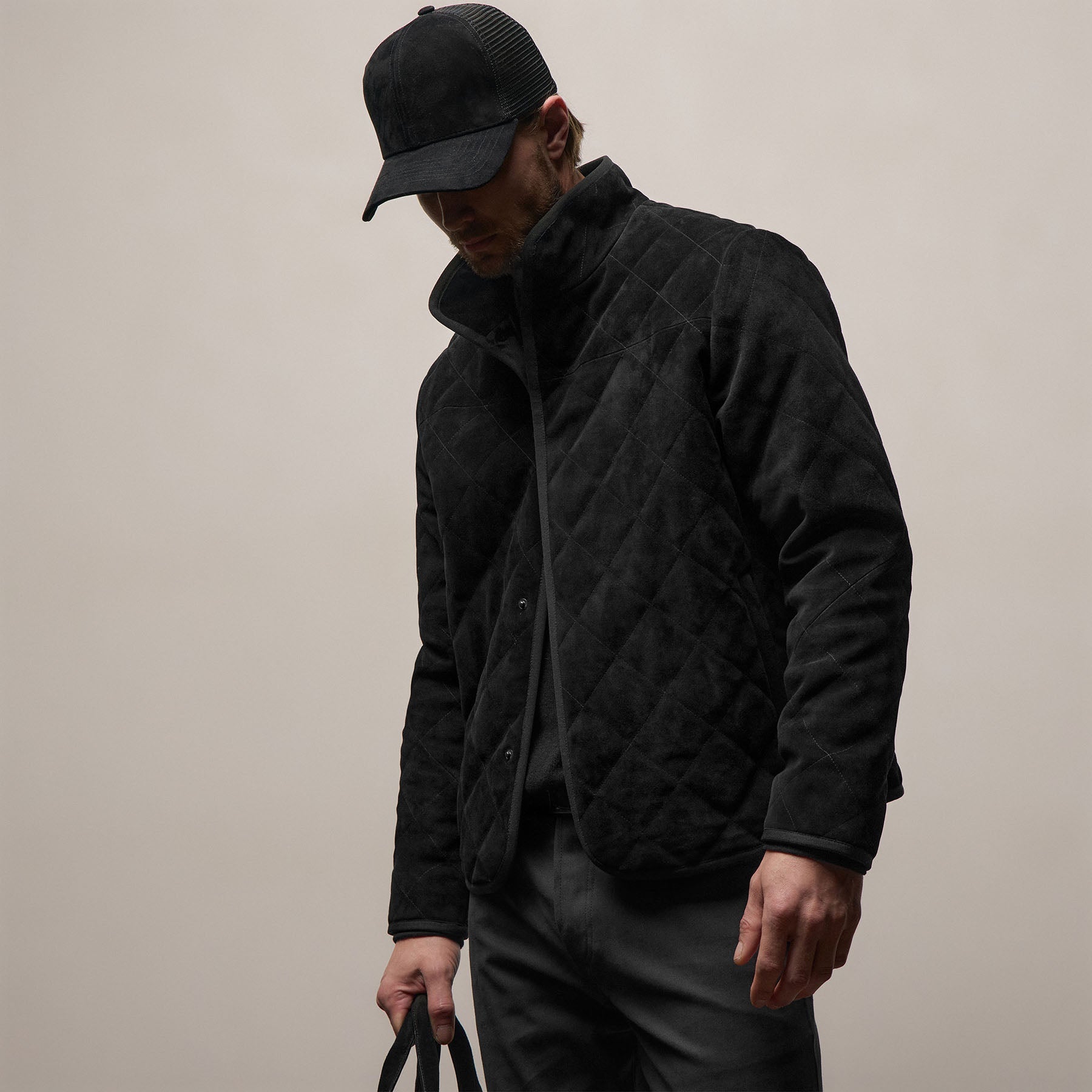 Quilted Suede Snap Front Jacket - Black