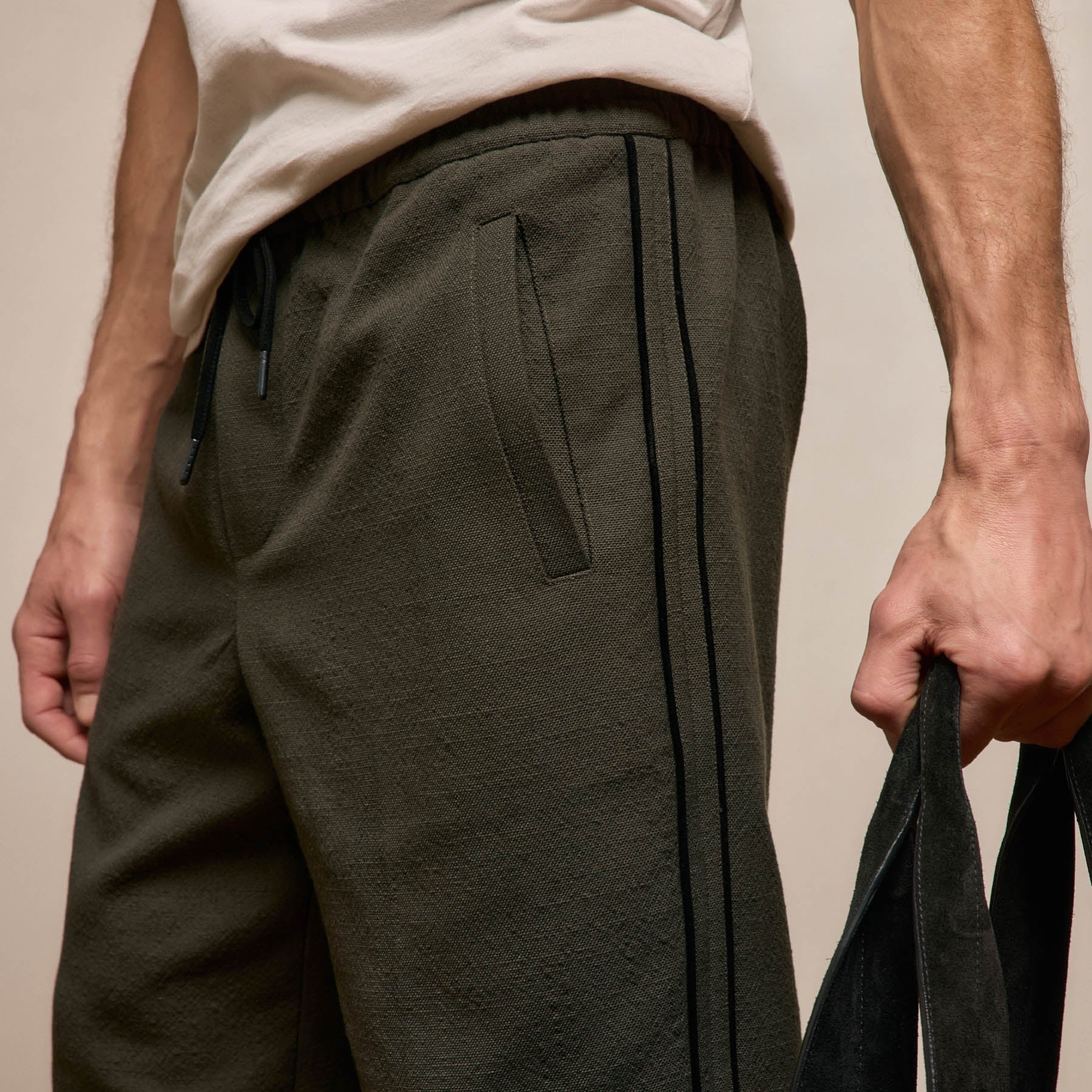 Suede Trimmed Track Pant - Dark Olive/Black