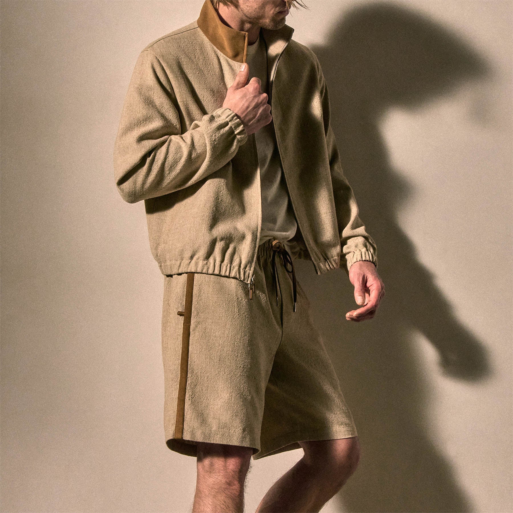 Suede Trimmed Track Short - Natural/Tobacco
