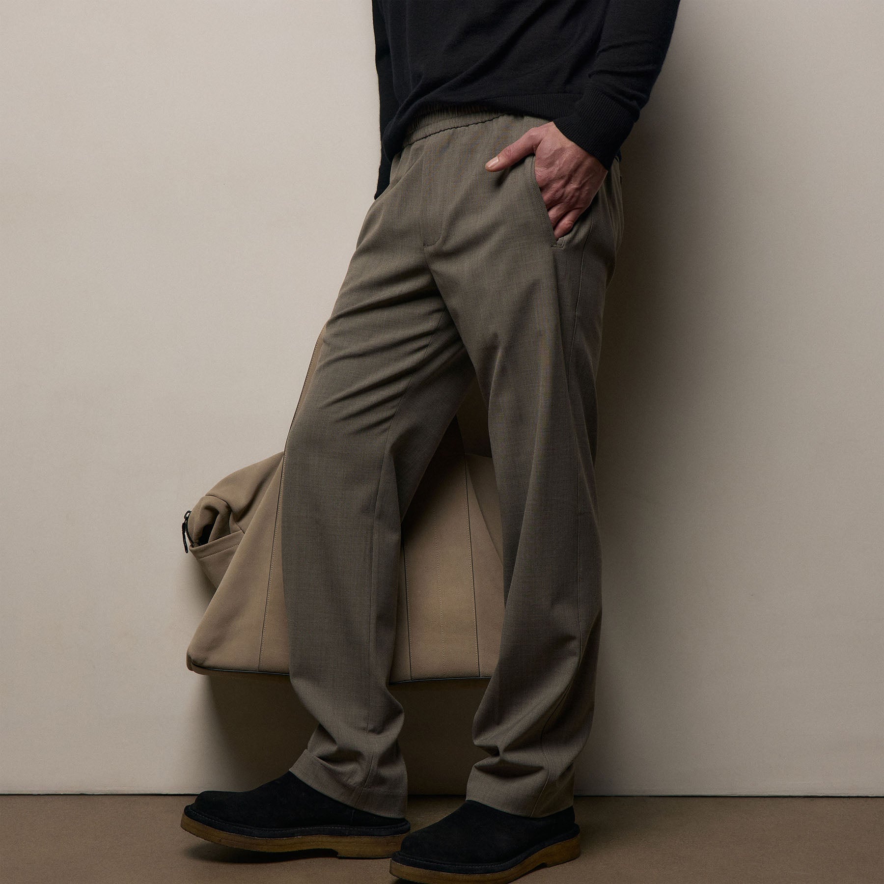 Wool Stretch Pull On Trouser - Light Olive