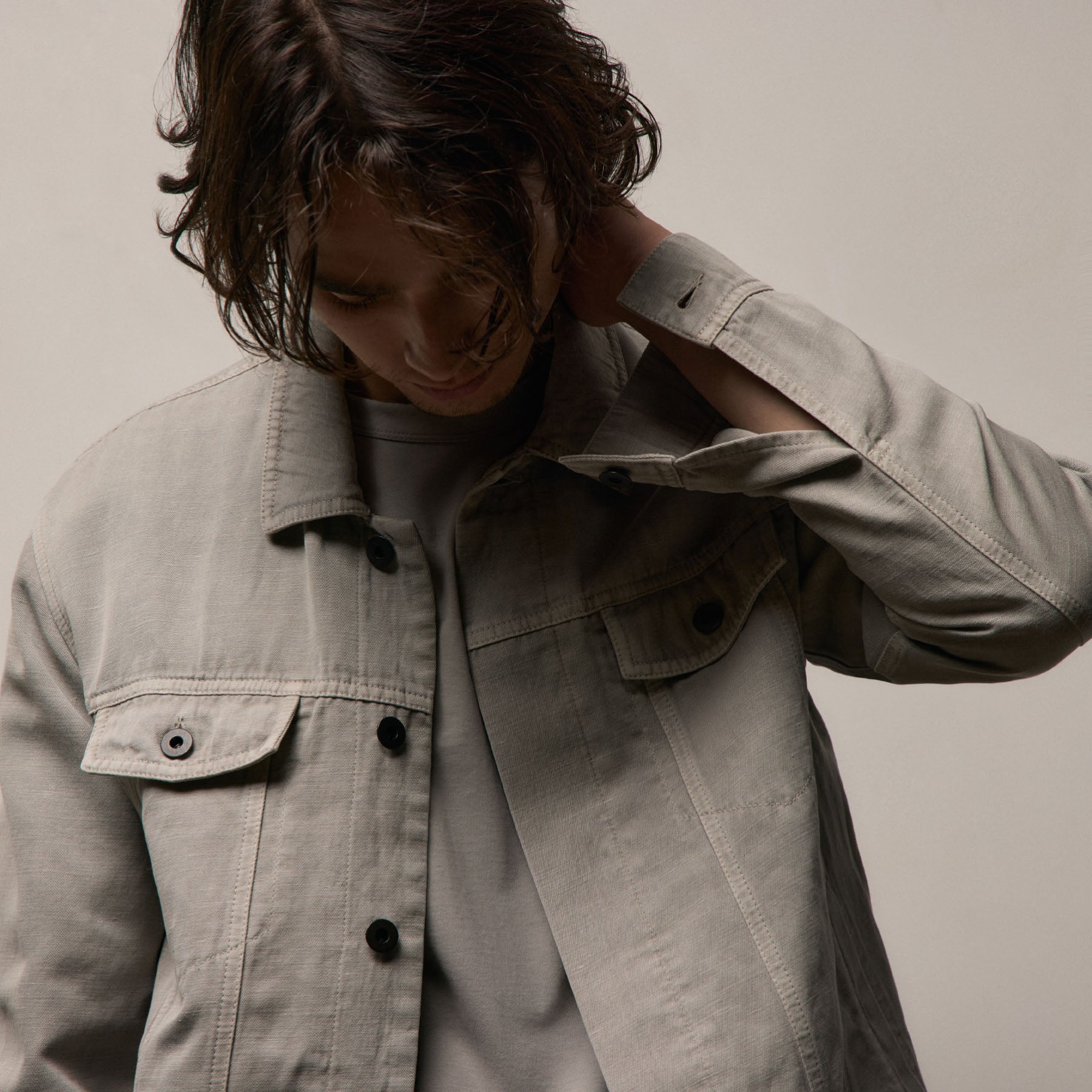 Cotton Linen Twill Trucker Jacket - Fog Pigment