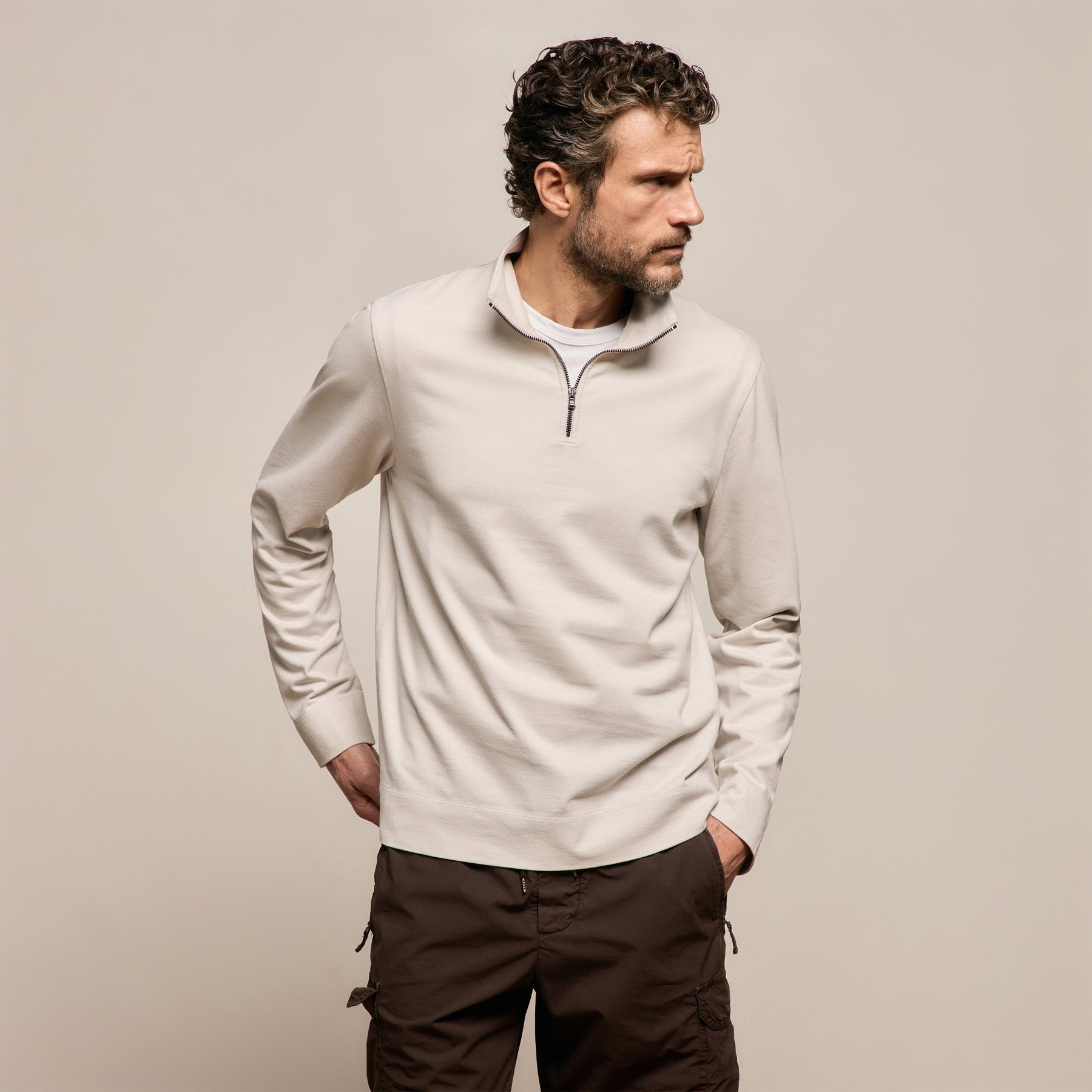 Organic Sueded Jersey Half Zip - Pearl