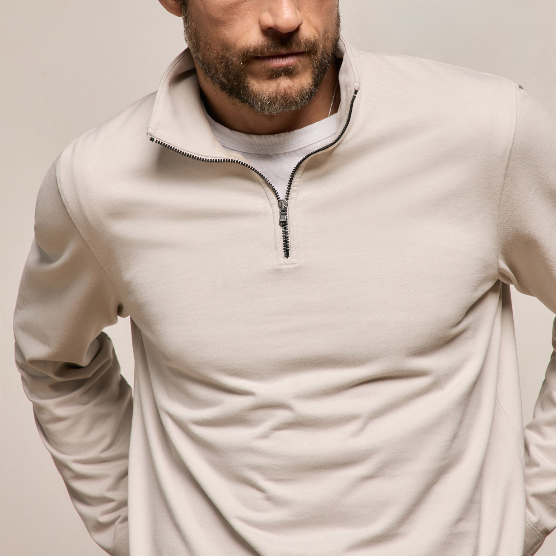 Organic Sueded Jersey Half Zip - Pearl