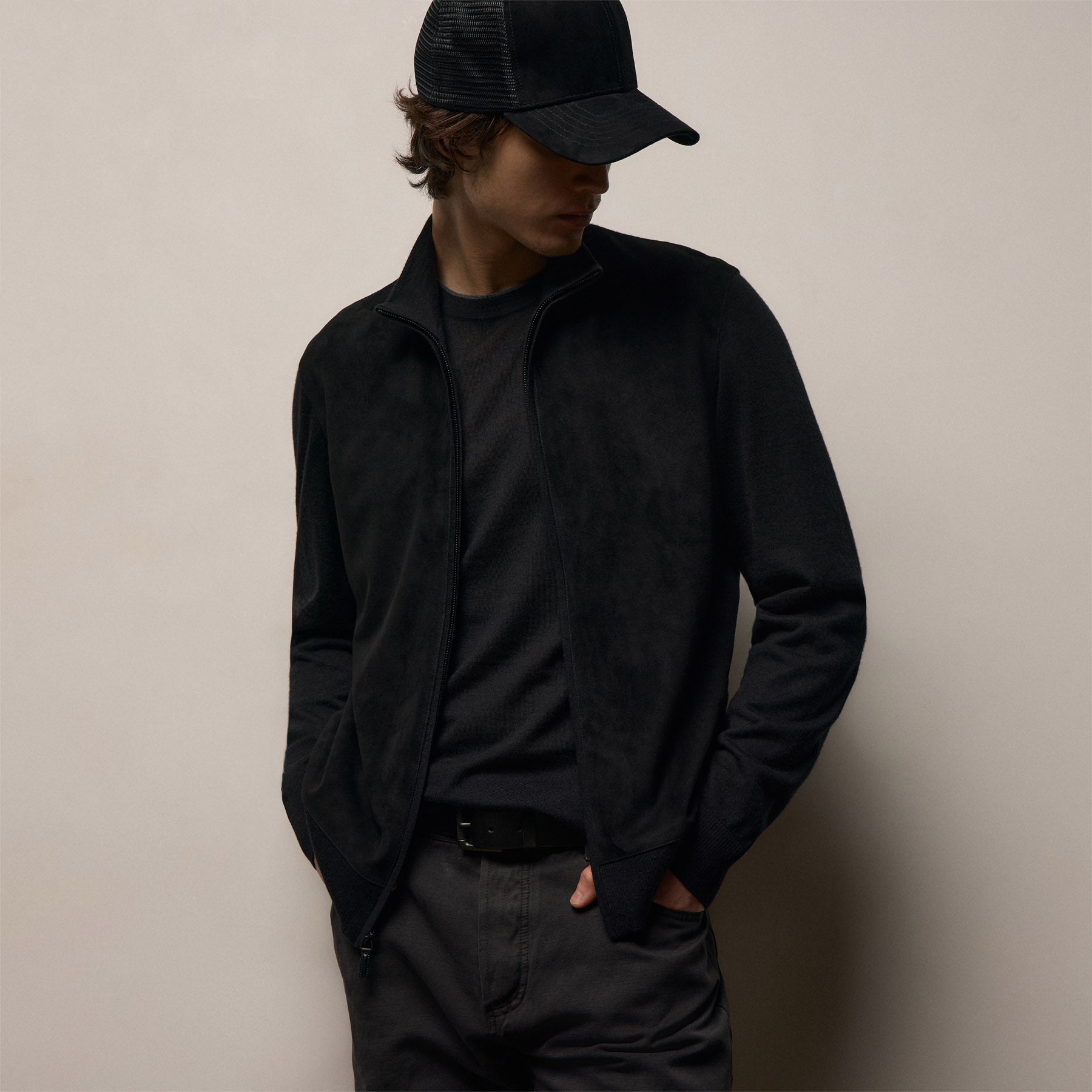 Ultrafine Cashmere Suede Front Zip Cardigan - Black