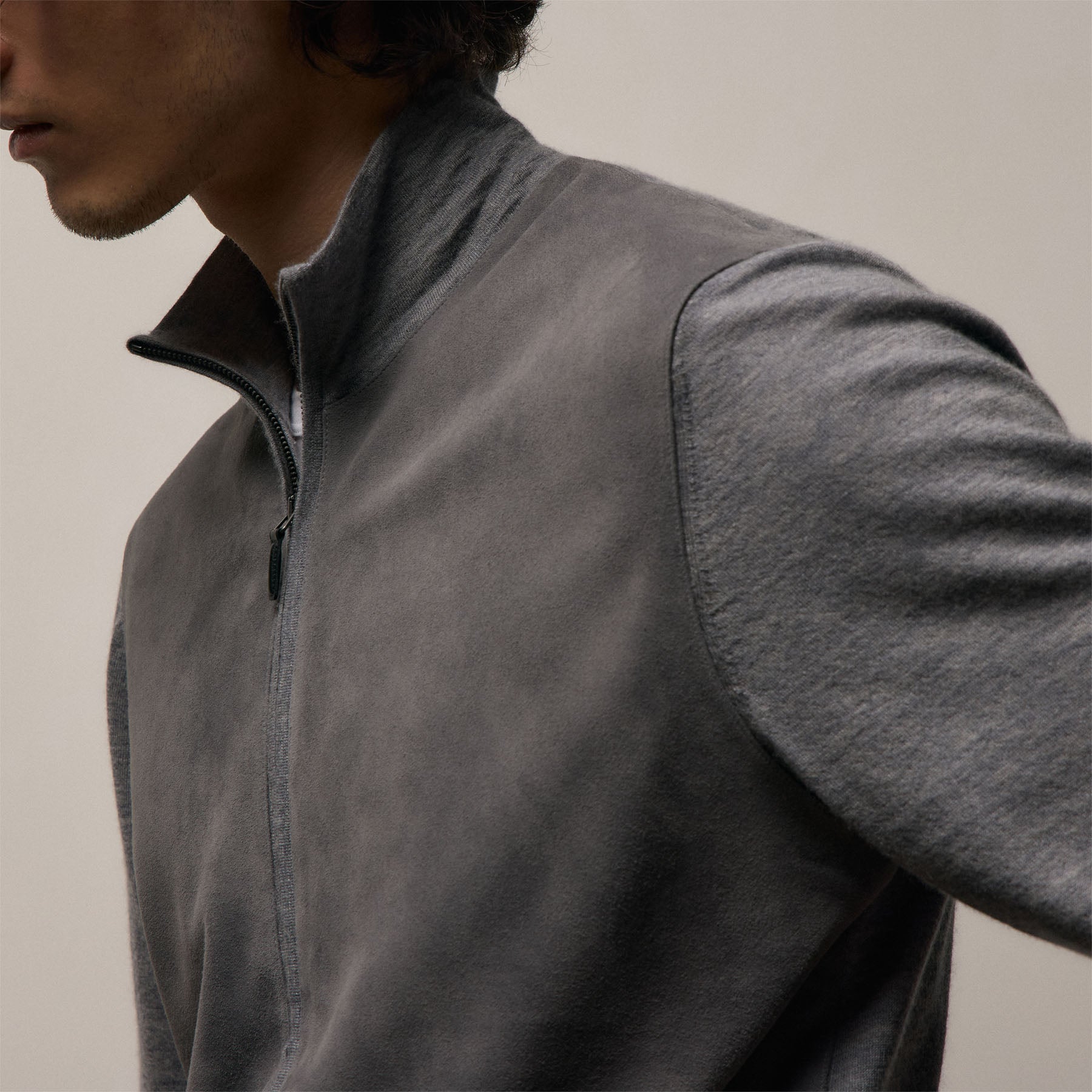 Ultrafine Cashmere Suede Front Zip Cardigan - Heather Grey