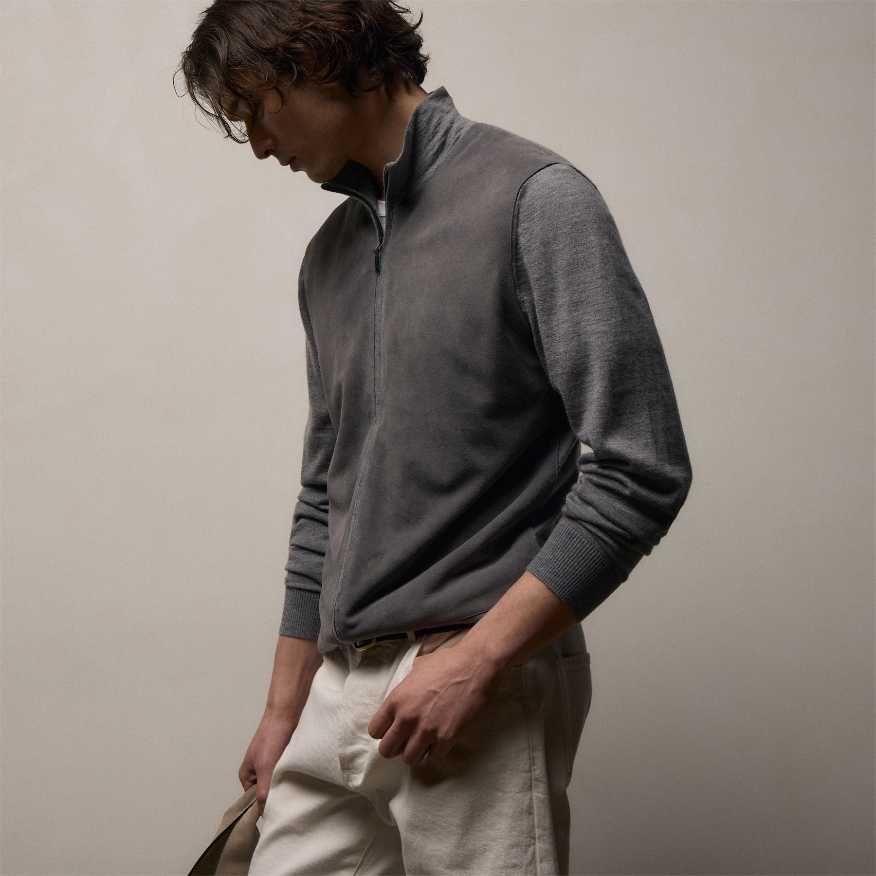 Ultrafine Cashmere Suede Front Zip Cardigan - Heather Grey