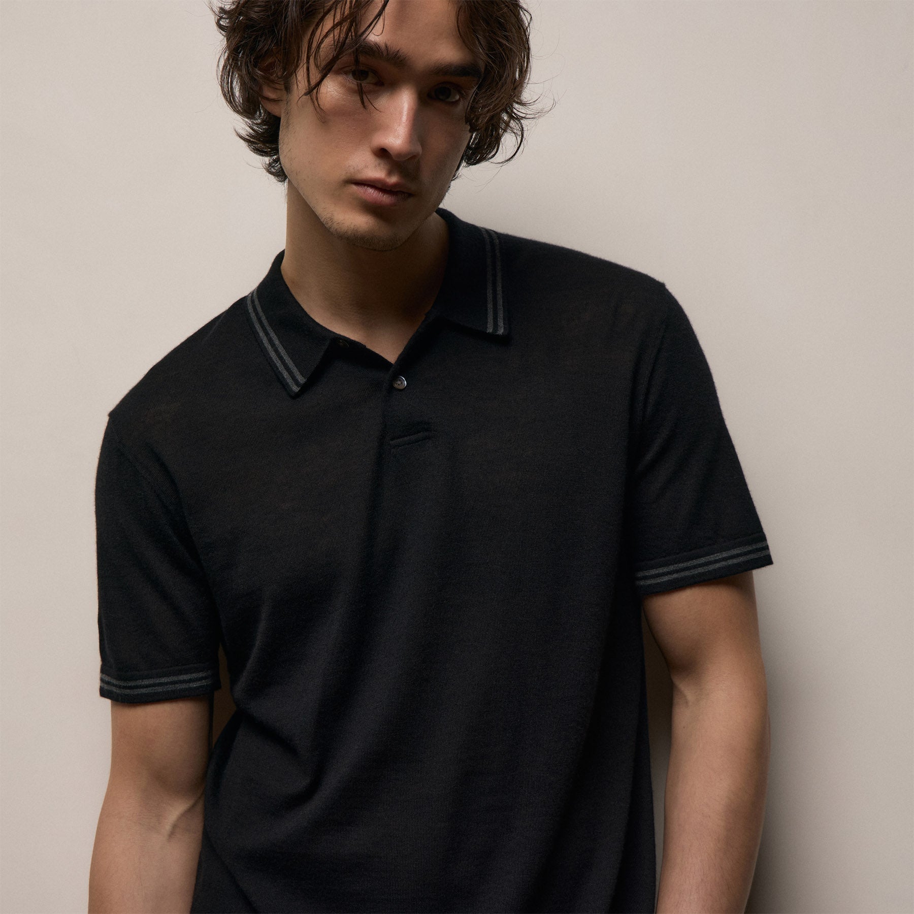 Ultrafine Cashmere Tipped Polo - Black/Charcoal
