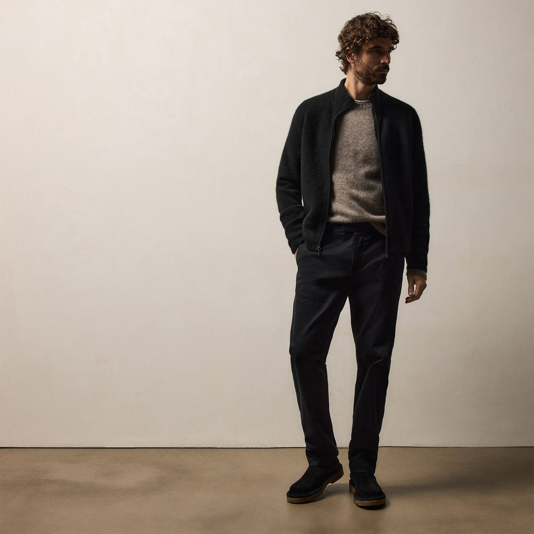 Wool Alpaca Stretch Zip Front - Black