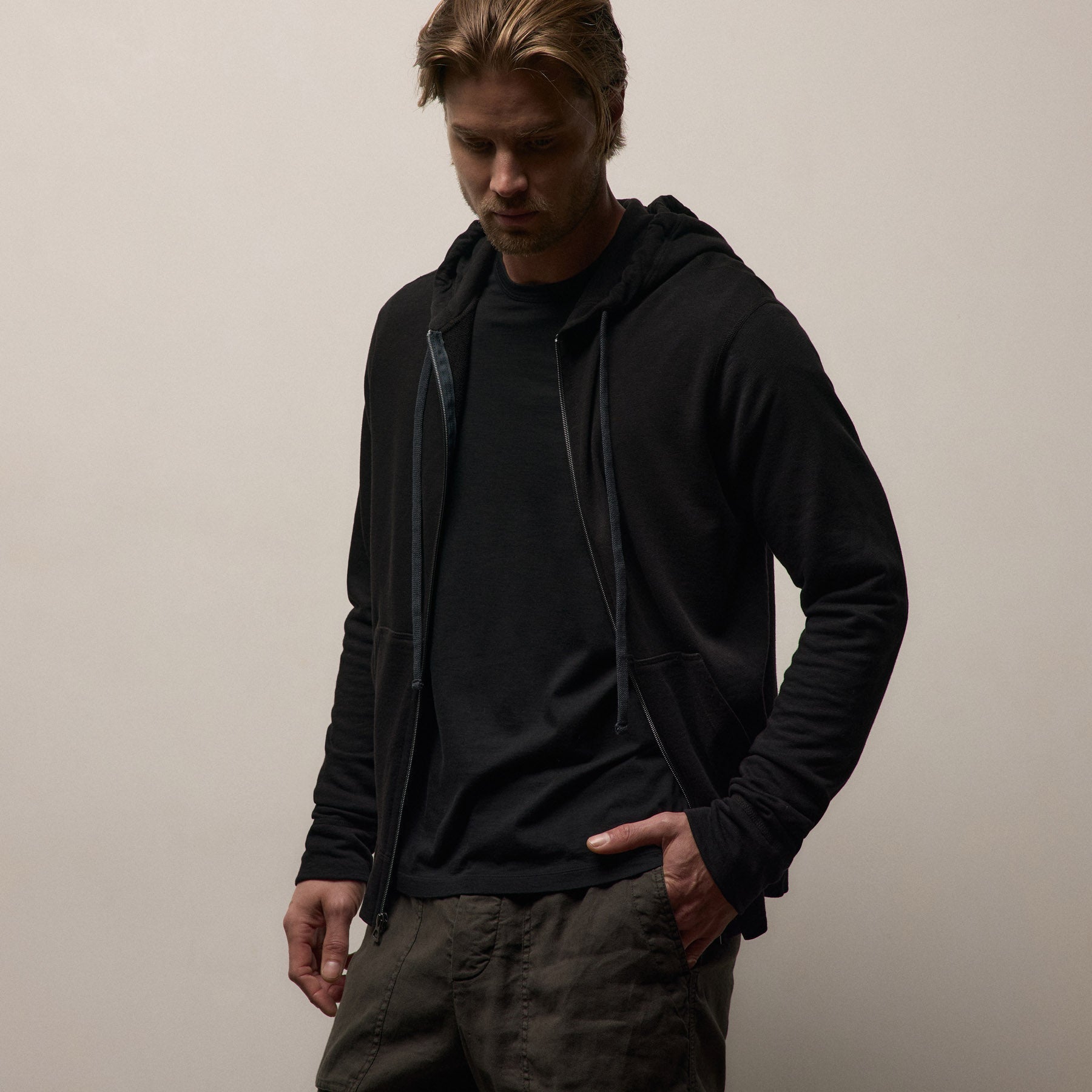 Vintage French Terry Zip Up Hoodie - Black