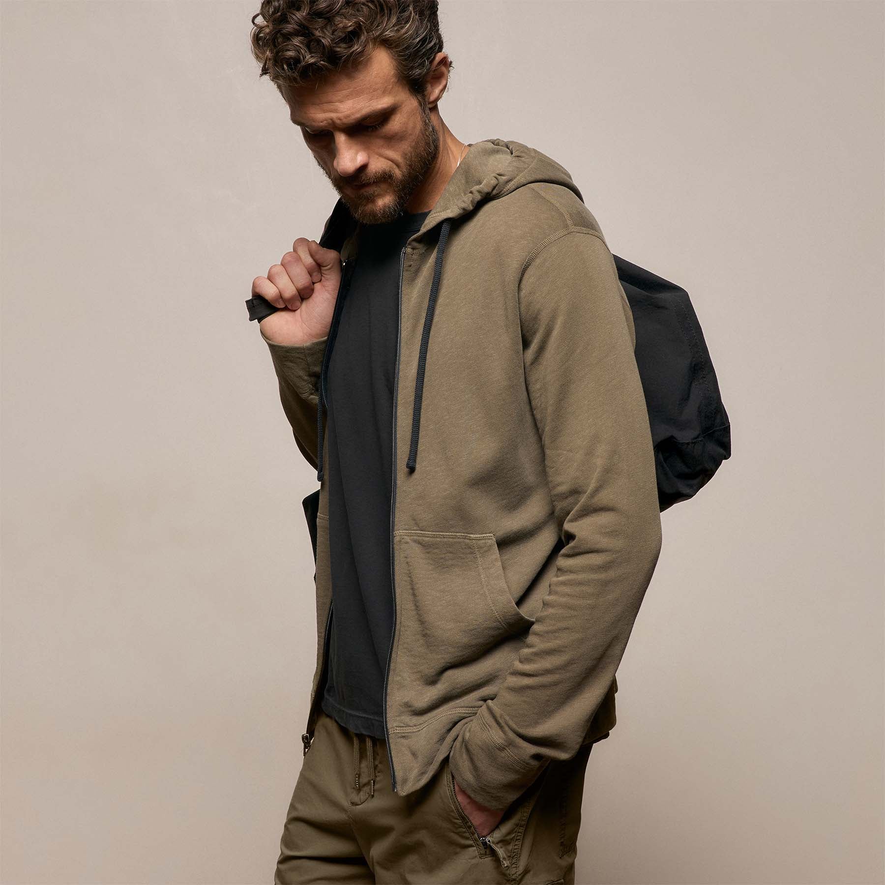 Vintage French Terry Zip Up Hoodie - Light Olive Pigment