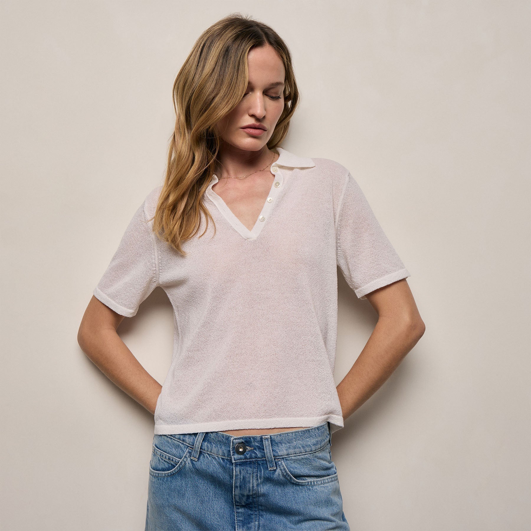 Fine Knit Short Sleeve Polo - White