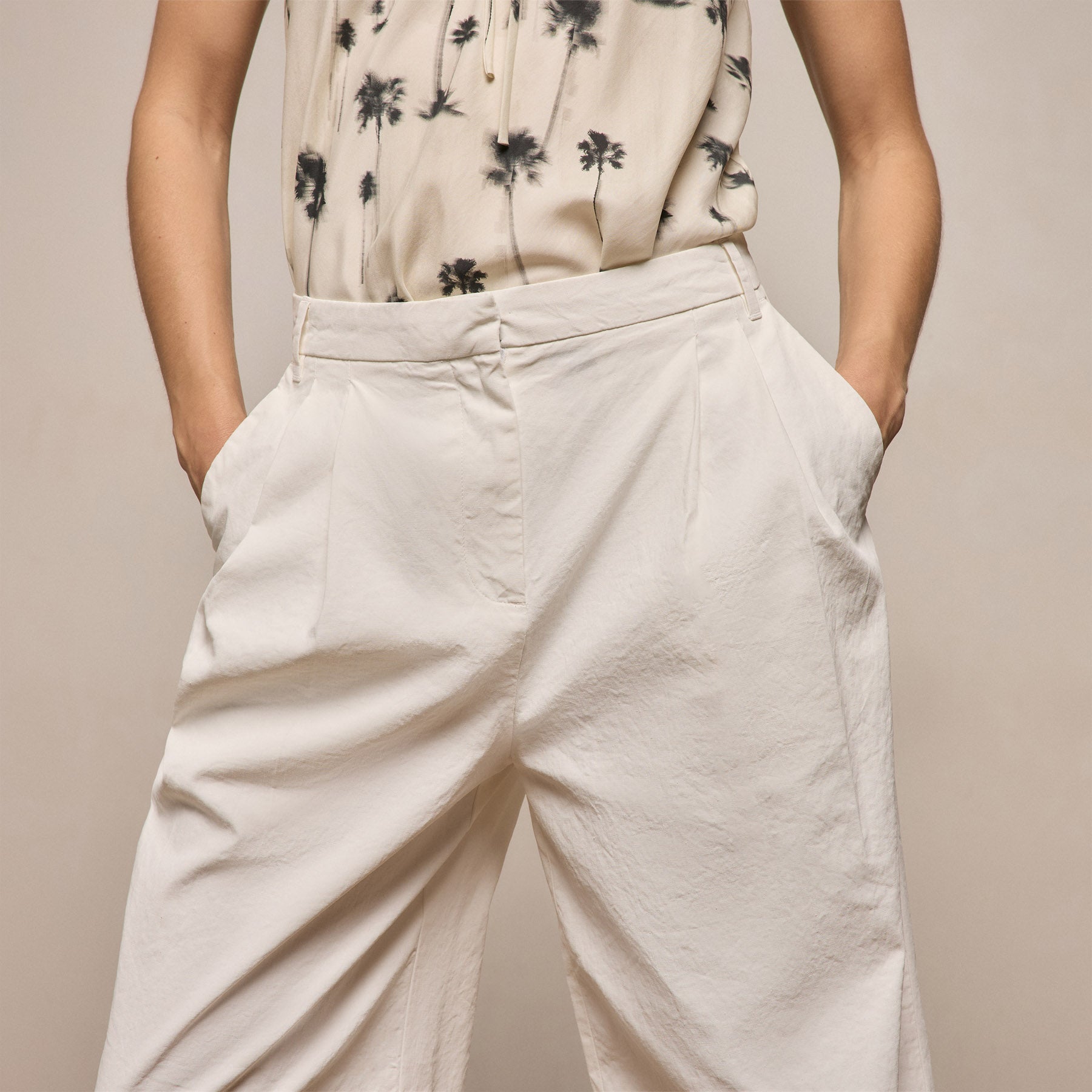 Linen Cotton Pleated Trouser - Off White
