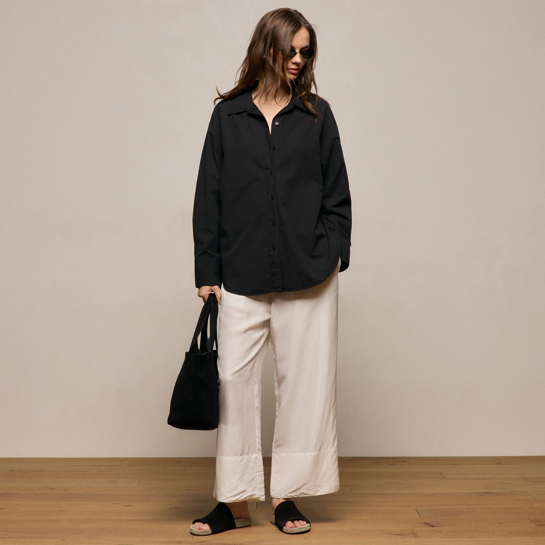 Textured Cotton Oversized Shirt - Black